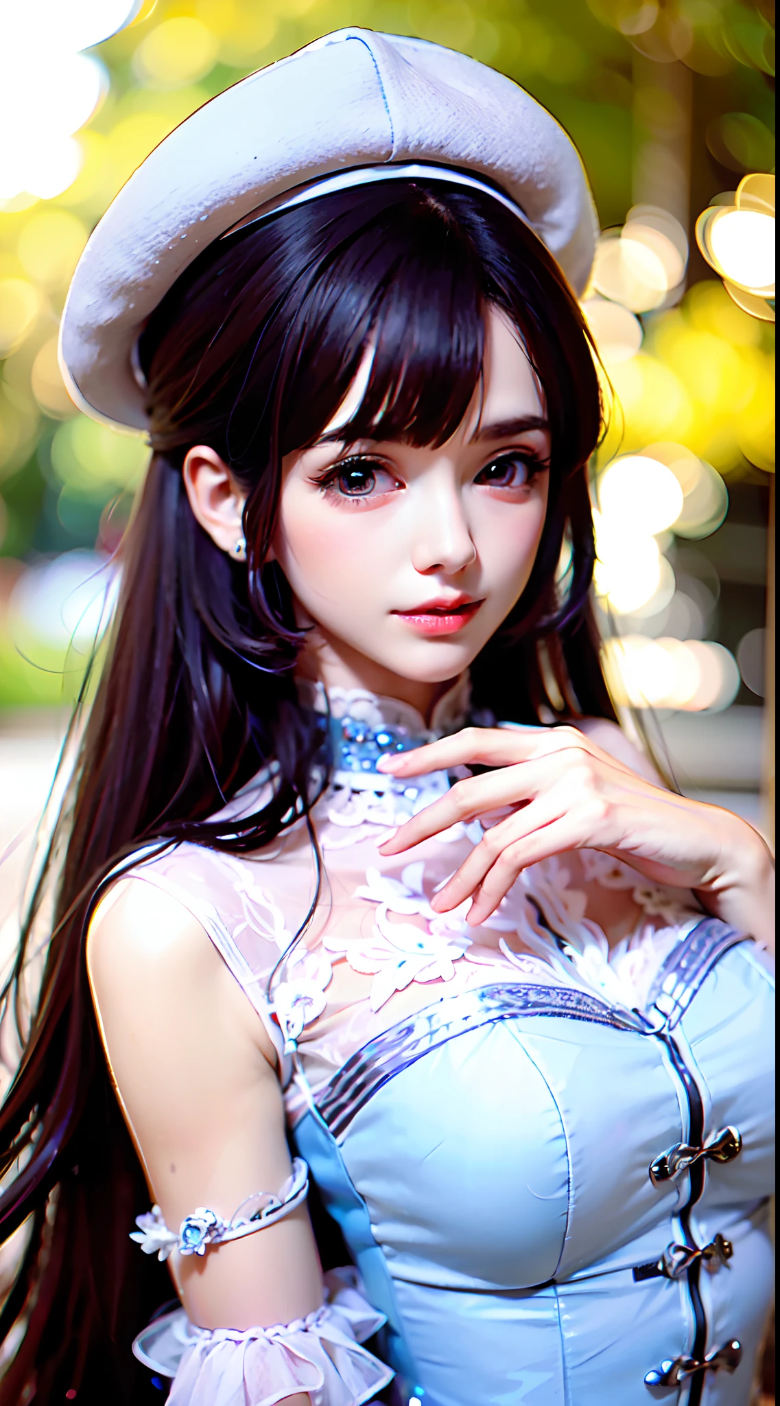 1womanl, up of face, mideum breasts, light brown hair, Blunt bangs, hair behind ear, hair over shoulder, Long hair, slender body shape, Ultra Fine Face, Thin face, Delicate lips, Beautiful eyes, thin blush, eyes are light brown, perfect glossy skin, flawless skin, Glistening sweat,View here, Ultra-thin hands, Ultra-fine fingers, best ratio four finger and one thumb, (realisitic:1.3), Finger Extensions, See-through white blouse. White beret,, Broad-leaved forest, One-person viewpoint, Fuji Film, F/1.2, 8K, masutepiece, nffsw, Super Detail, High quality, Best Quality, hight resolution,