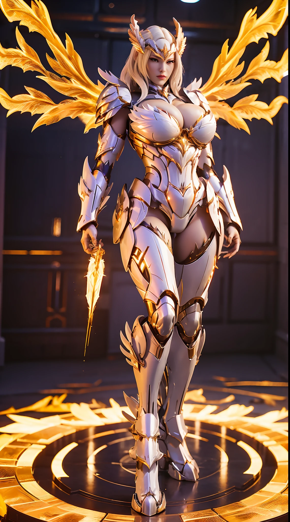 HUGE BOOBS, MECHA ARMOR FULL SUIT, (CLEAVAGE), (A PAIR LARGEST PHOENIX WINGS), TRANSPARANT, TALL LEGS, STANDING, SEXY BODY, MUSCLE ABS.