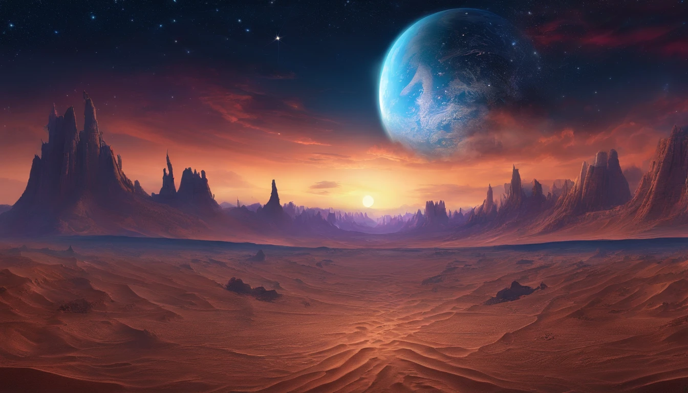 Huge planet, Abundant desert, the night, starrysky, surrealism, Masterpiece, A high resolution, 16k