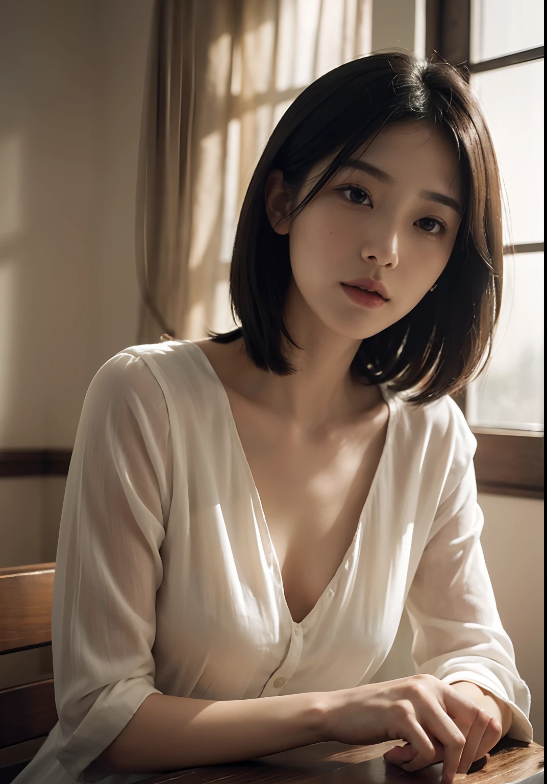 A detailed, high-resolution image of a woman with black hair, wearing a white shirt (realistic,photorealistic:1.37), surrounded by an atmosphere of soft natural light (studio lighting). The woman's facial features are beautifully detailed, with captivating eyes (beautiful detailed eyes), well-defined nose (beautiful detailed nose), and luscious lips (beautiful detailed lips). The image showcases the woman's elegant appearance, with a confident and charismatic expression. Her long eyelashes add to her charm (long eyelashes). The composition emphasizes the woman's face and upper body. The background is minimal, featuring muted colors that enhance the focus on the woman's beauty. The artwork is created in a medium that combines the art styles of Shiori Teshirogi, Kotegawa Yui, Yasumoto Oka, Narumi Kakinouchi, Chiho, Kimi Takemura, 奈良美智, Harumi, Sui Ishida, and Aoi Ogata, resulting in a unique blend of elegance, sophistication, and artistic brilliance. The overall color palette is soft and warm, with a touch of vintage tones. The image is of the highest quality (best quality, 4k, 8k, highres, masterpiece:1.2), capturing every intricate detail of the woman's features and the texture of her shirt (ultra-detailed). The final artwork will be a stunning portrayal of feminine grace and beauty, with a touch of artistic fantasy.