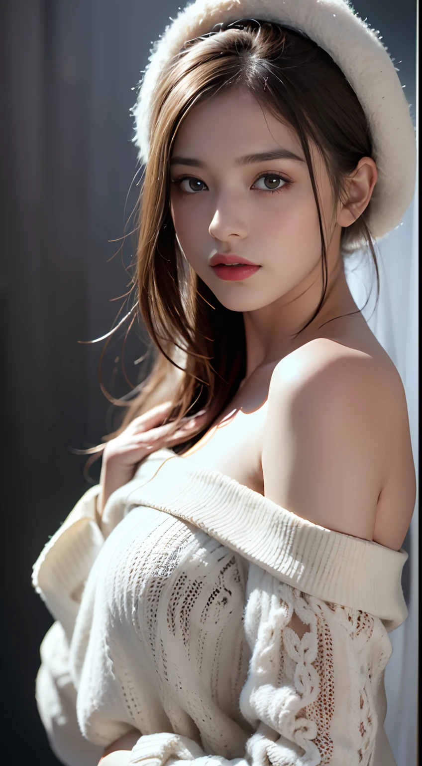 highest quality, masterpiece, ultra high resolution, (realistic:1.5), Raw photo, 1 girl, off shoulder, in the dark, deep shadow, discreet key, cold light, sexy look, Naked 1.5. Small Breasts