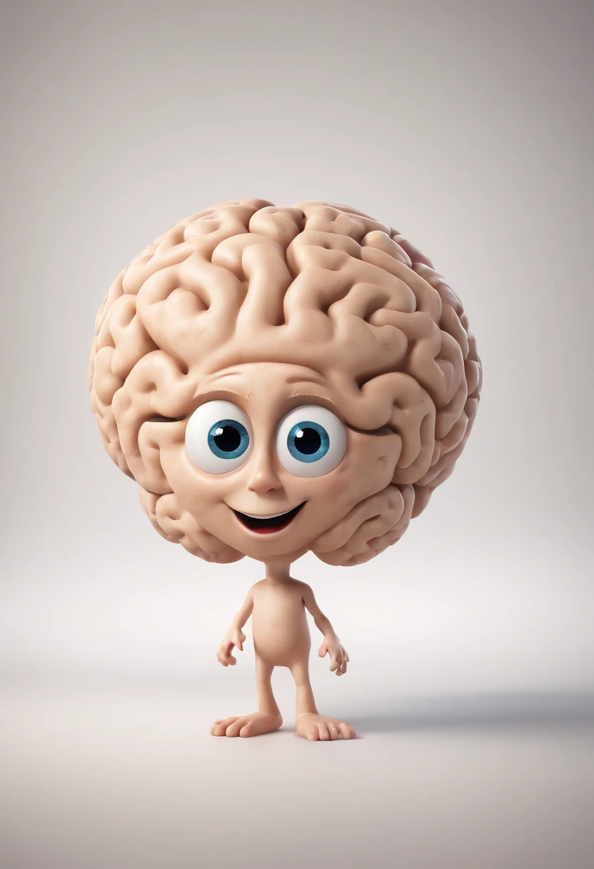 Create a brain-like mascot, personagem infantil , 8k, Modelo 3D, The body as the shape of a brain, com boca, 2 olhos e nariz, He has legs and arms, The character is cute and charismatic, o personagem tem cores vivas e coloridas.