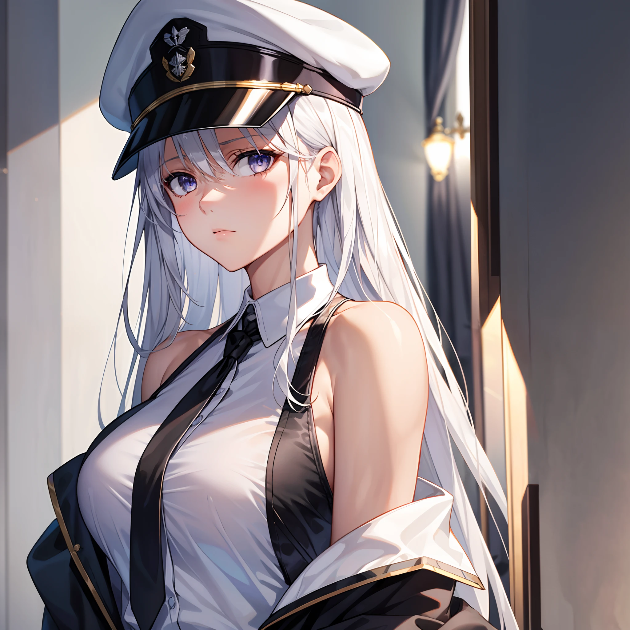 1girl,male_pov,big_breasts,lavender_eyes,white hair,Face turning to the left,Looking at the viewer,white military hat,Hand on cap,small face, high_detailed_hands,high_res, high_definition,long hair, Bare shoulders, bare shoulders,Black tie,White shirt,