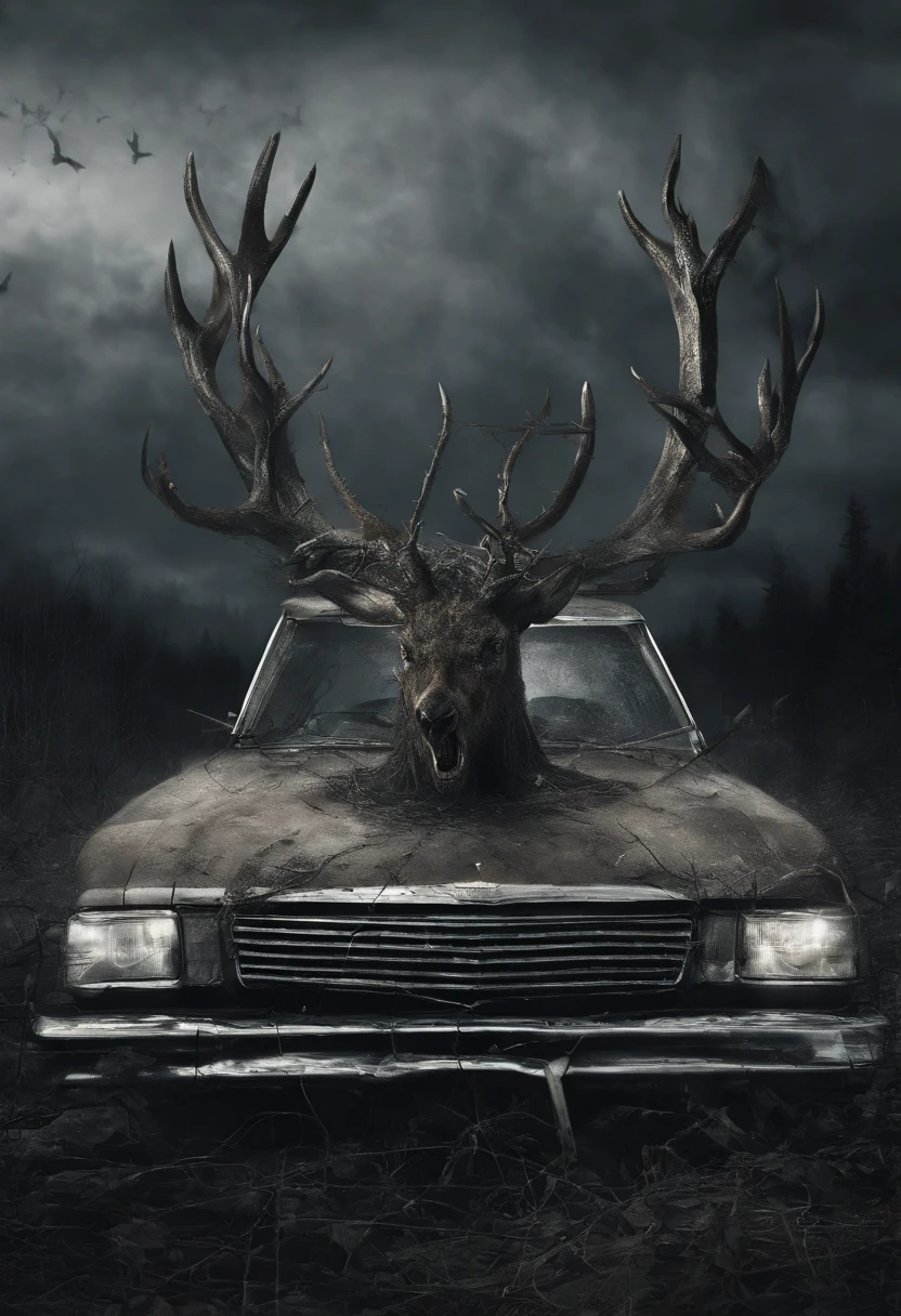 A monster with a deer-headed figure is in front of the car，bucktooth，deer antlers，On the highway，Inside the car，Roadside weeds grow