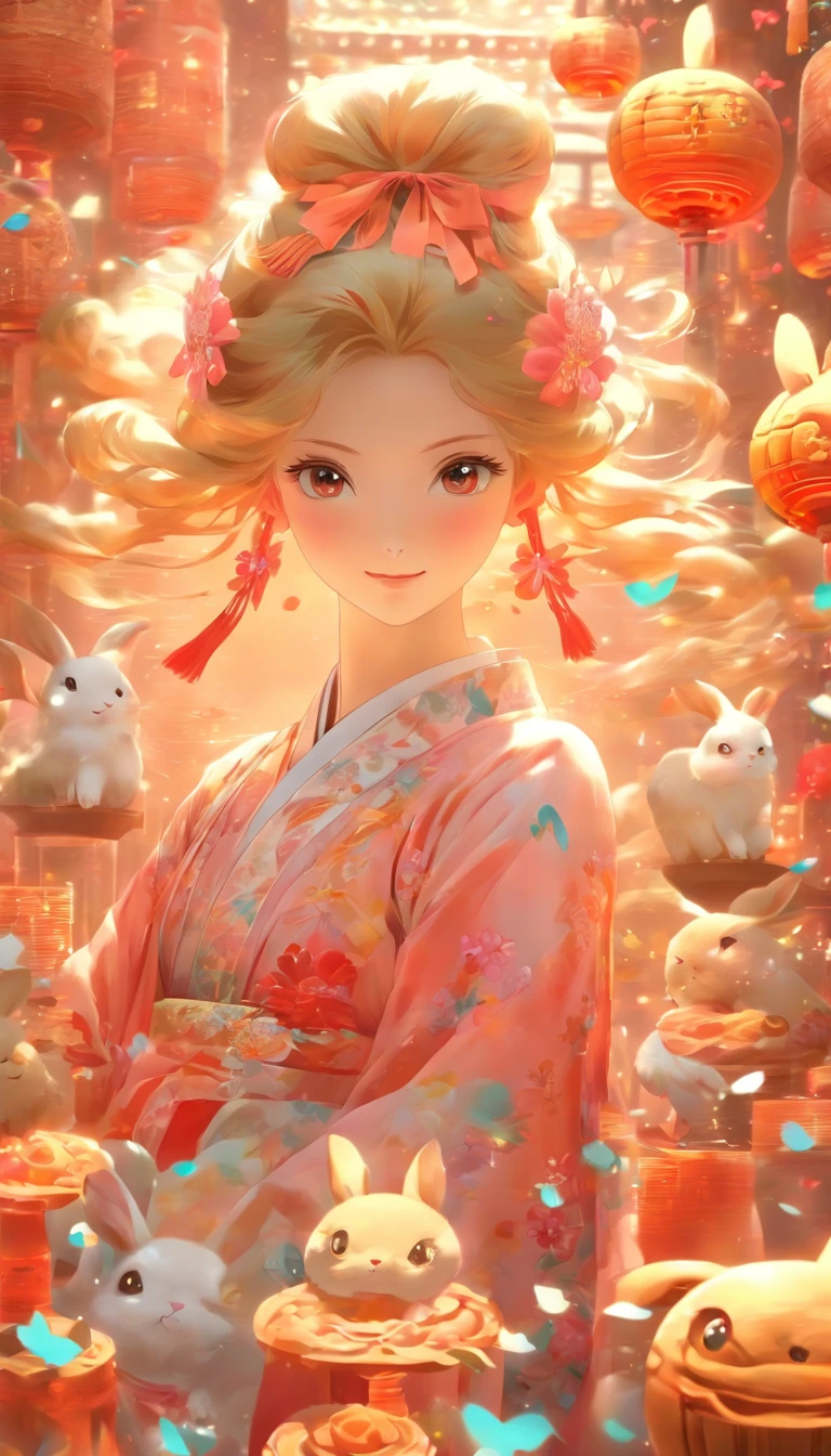 (Best quality,16k,Ultra-high definition,Extremely detailed,Masterpiece:1.2),1 Girl in traditional Chinese clothing,Mooncake in hand,In the company of rabbits. She wore a flowing white dress, Long hair floating in the air. The image shows the scene's vivid colors and bokeh effect. The light illuminated the girl's face，It sets off her delicate facial features.