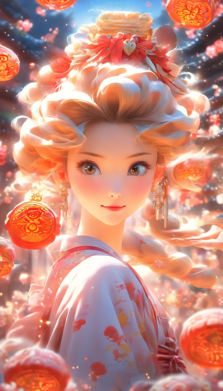 (Best quality,16k,Ultra-high definition,Extremely detailed,Masterpiece:1.2),1 Girl in traditional Chinese clothing,Mooncake in hand,In the company of rabbits. She wore a flowing white dress, Long hair floating in the air. The image shows the scene's vivid colors and bokeh effect. The light illuminated the girl's face，It sets off her delicate facial features.