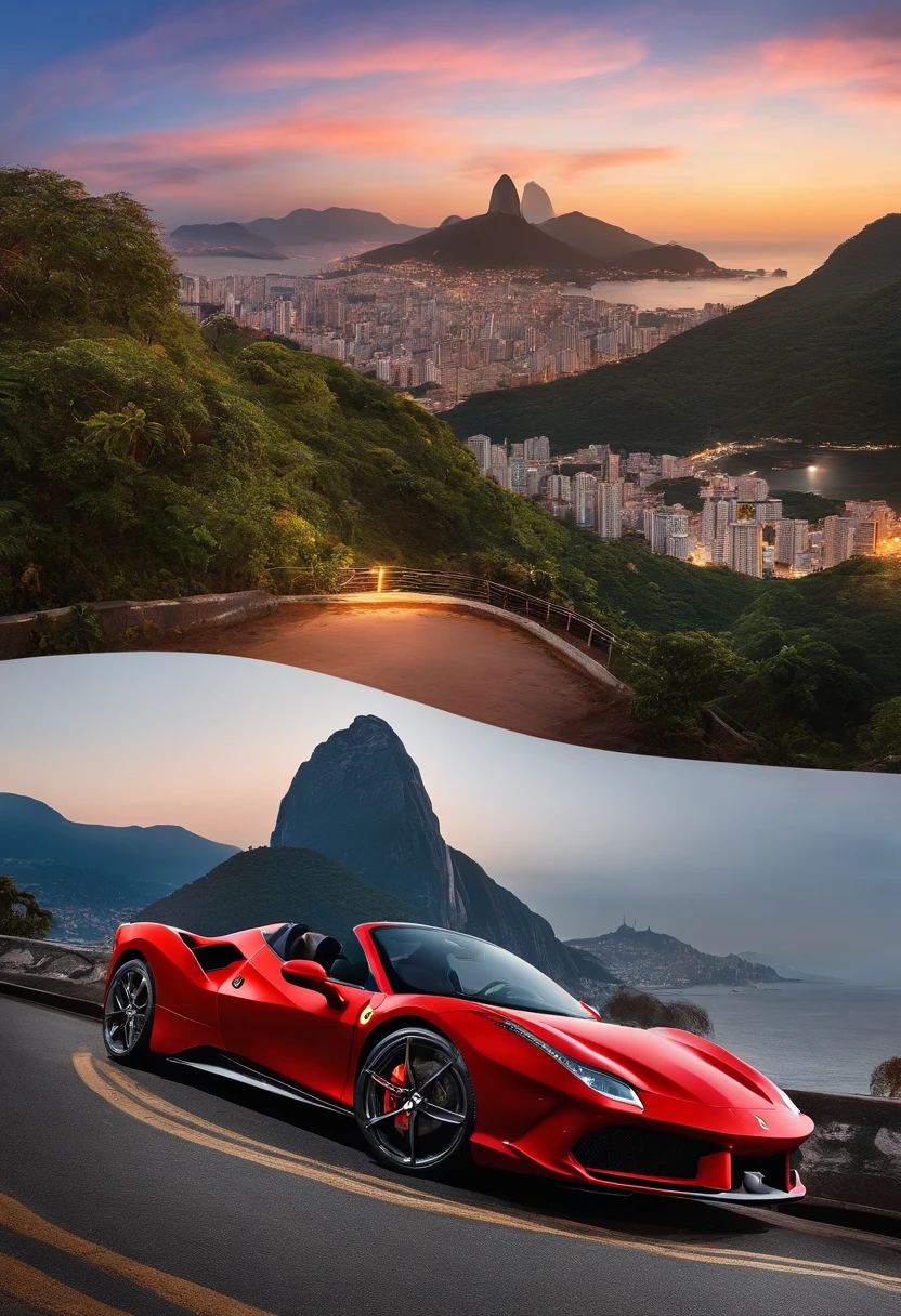 (best quality, 8k, master part :1.2), hyper realistic, cidade do Rio de Janeiro, Brasil, em uma montanha, uma Ferrari 488 vermelha detalhada, Cristo Redentor ao fundo, uma menina de cabelo castanho bonita em roupas de esporte olhando para a paisagem
