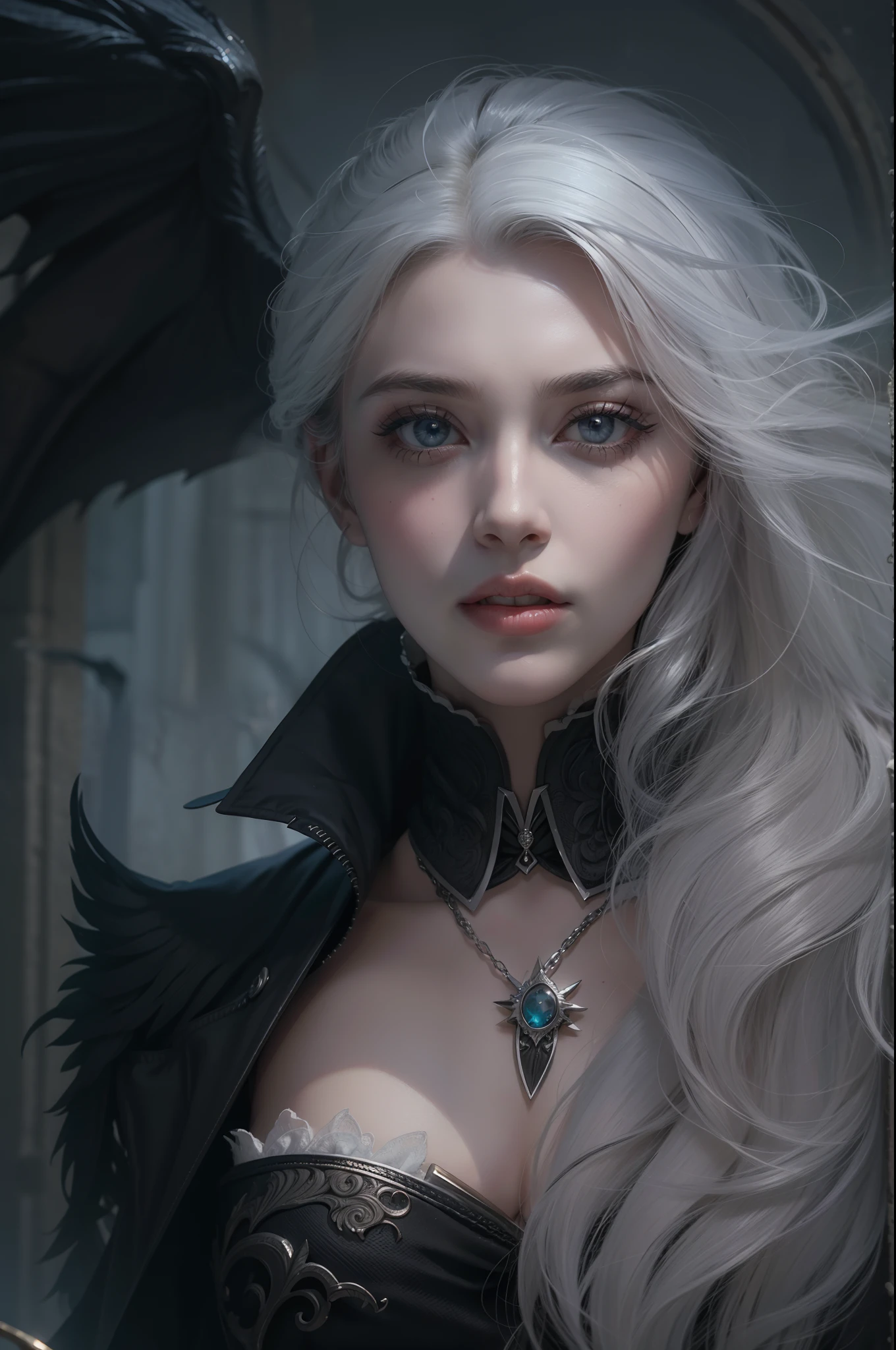 Mulher que lembra a Ciri de The Wicther, com longos cabelos brancos e olhos azuis brilhantes, she's wearing a black suit, seus cabelos chicoteando seu rosto com o vento, ao fundo uma cena com o castelo do  Dracula ao fundo