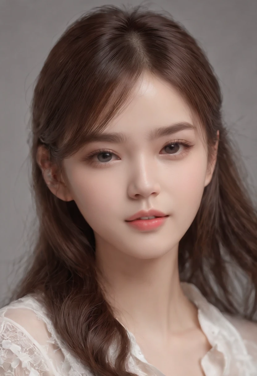 Portrait of a cute girl with perfectly beautiful face, Photo engraving sexy pose, (Masterpiece:1.3), (8K, Photorealistic, RAW photography, Best quality:1.4), (1girll), Beautiful face, Realistic face, (Detailed face), Beautiful hairstyle, (detailed hairs), Realistic eyes, (Detailed eyes), Beautiful details, Realistic skin, (Detailed skin), Beautiful skin, Attractive, hyper HD, ultra-realistic realism, Very detailed,, Japanese beauty, (Slim figure), (White button up long shirt :1.1, Sexy), Gentle smile, perfect teeth, Brown hair, (Supermodel figure), Cute young Japanese girl, Beautiful young Japanese girl, (simple grey background), Enhanced cleavage masterpiece、top-quality、(reallistic、Light reality:1.4)、(RAW photogr:1.2)、Very delicate CG Unity 8K wallpaper、very delicate beautiful.、A majestic、Attention to detail、offcial art、absurderes、Incredibly ridiculous resolution、Extremely fine、very intricate、Beautiful eyes and face、Beautiful exquisite eyes、Light on the face、1 girl in、、Bare wrists、By bangs、Wuerjiang - 6500-V1.1、(black cloaths:1.4)、(studio photoshot:1.4)、(E-commerce advertising:1.4)(black t-shirts:1.4), (Physiognomy lens:1.4),