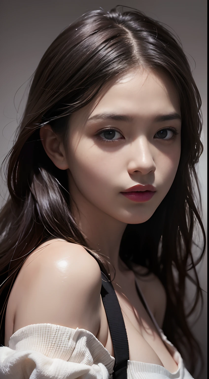 NSFW, best quality,masterpiece,extremely detailed,high res,4k,ultra high res,detailed shadow,ultra realistic,realistic,dramatic lighting,1girl,solo,detailed face,realistic eyes,realistic skin,white dress,purple hair,dynamic pose, whimsical details, slicked hair, full shot, toe, mesmerizing, shallow depth of field, contrapposto, professional model, face front, portrait,