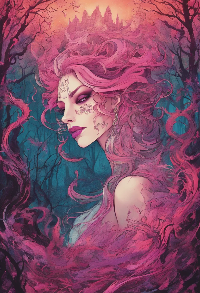 (a pink-haired demon woman,spells:1.1,glowing:1.1)(illustration)(best quality,ultra-detailed,realistic:1.37),demonic witch(demonic:1.1)(magic:1.1)(forest)(dark and mysterious,ominous atmosphere),casting powerful spells,creating magical energy(magic:1.1),vibrant pink hair(swirling pink hair)(flowing pink hair),horns(devil horns:1.1),piercing red eyes,enchanted scepter(magical scepter),elaborate dark robe,glowing magical sigils,fiery embers swirling(magical embers:1.1)(glowing embers),magical aura(glowing aura),eerie shadows,otherworldly presence(presence),sinister smile,nightfall in the background(dark night:1.1)(moonlit forest),lush and dense foliage(twisted trees)(mystical plants:1.1),mystical particles(swirling particles)(floating particles),ethereal glow(ethereal:1.1)(soft glow),faint moonlight breaking through the trees,haunting and captivating(scary atmosphere),bewitching beauty,wide range of colors(vivid colors)(contrasting colors),mystical realm,impressive details,dynamic composition,mesmerizing artwork,photorealistic style(picasso style),impressive shading and lighting,explosive energy,magical atmosphere(fantasy atmosphere),dreamlike scene