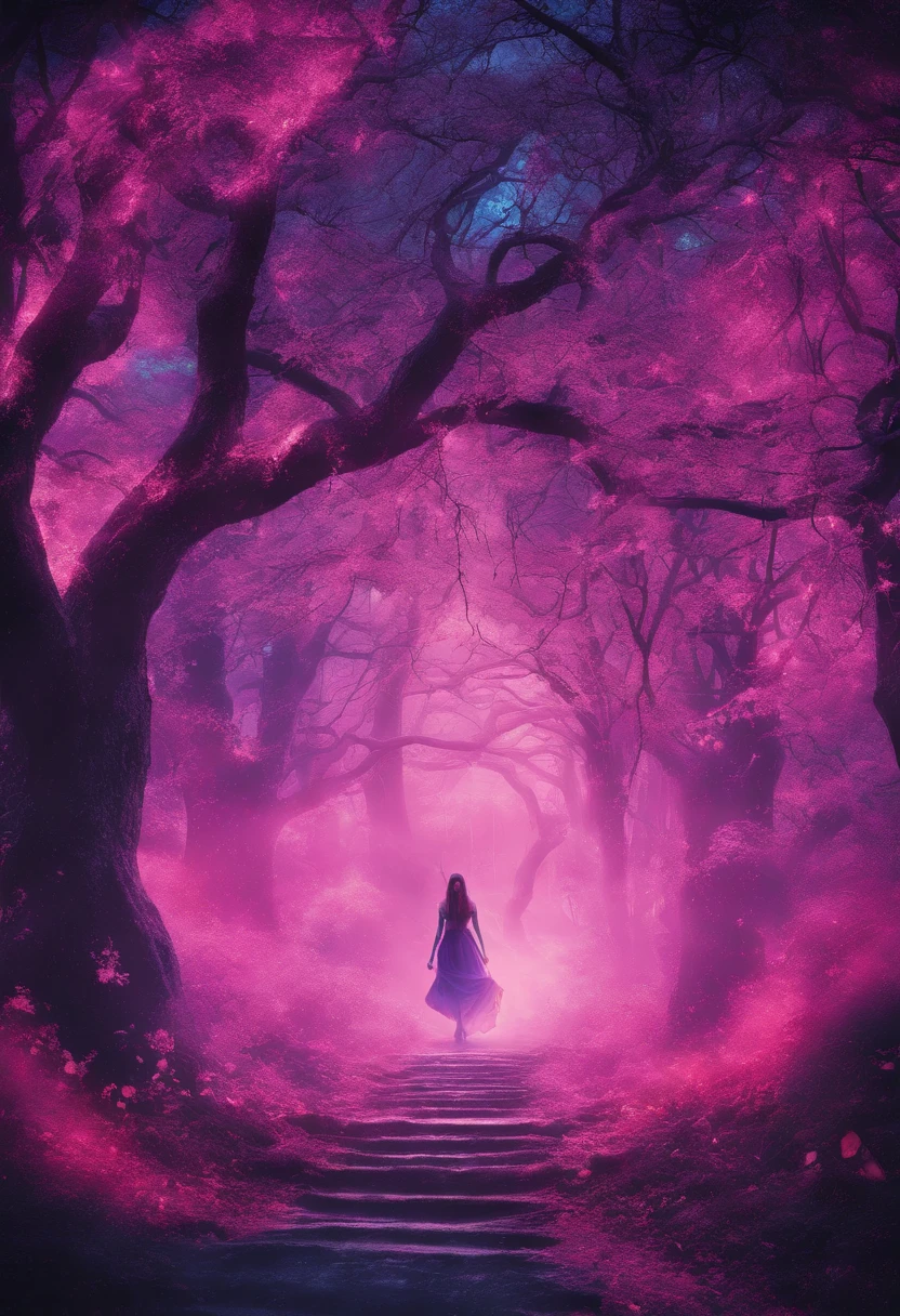 (a pink-haired demon woman,spells:1.1,glowing:1.1)(illustration)(best quality,ultra-detailed,realistic:1.37),demonic witch(demonic:1.1)(magic:1.1)(forest)(dark and mysterious,ominous atmosphere),casting powerful spells,creating magical energy(magic:1.1),vibrant pink hair(swirling pink hair)(flowing pink hair),horns(devil horns:1.1),piercing red eyes,enchanted scepter(magical scepter),elaborate dark robe,glowing magical sigils,fiery embers swirling(magical embers:1.1)(glowing embers),magical aura(glowing aura),eerie shadows,otherworldly presence(presence),sinister smile,nightfall in the background(dark night:1.1)(moonlit forest),lush and dense foliage(twisted trees)(mystical plants:1.1),mystical particles(swirling particles)(floating particles),ethereal glow(ethereal:1.1)(soft glow),faint moonlight breaking through the trees,haunting and captivating(scary atmosphere),bewitching beauty,wide range of colors(vivid colors)(contrasting colors),mystical realm,impressive details,dynamic composition,mesmerizing artwork,photorealistic style(picasso style),impressive shading and lighting,explosive energy,magical atmosphere(fantasy atmosphere),dreamlike scene