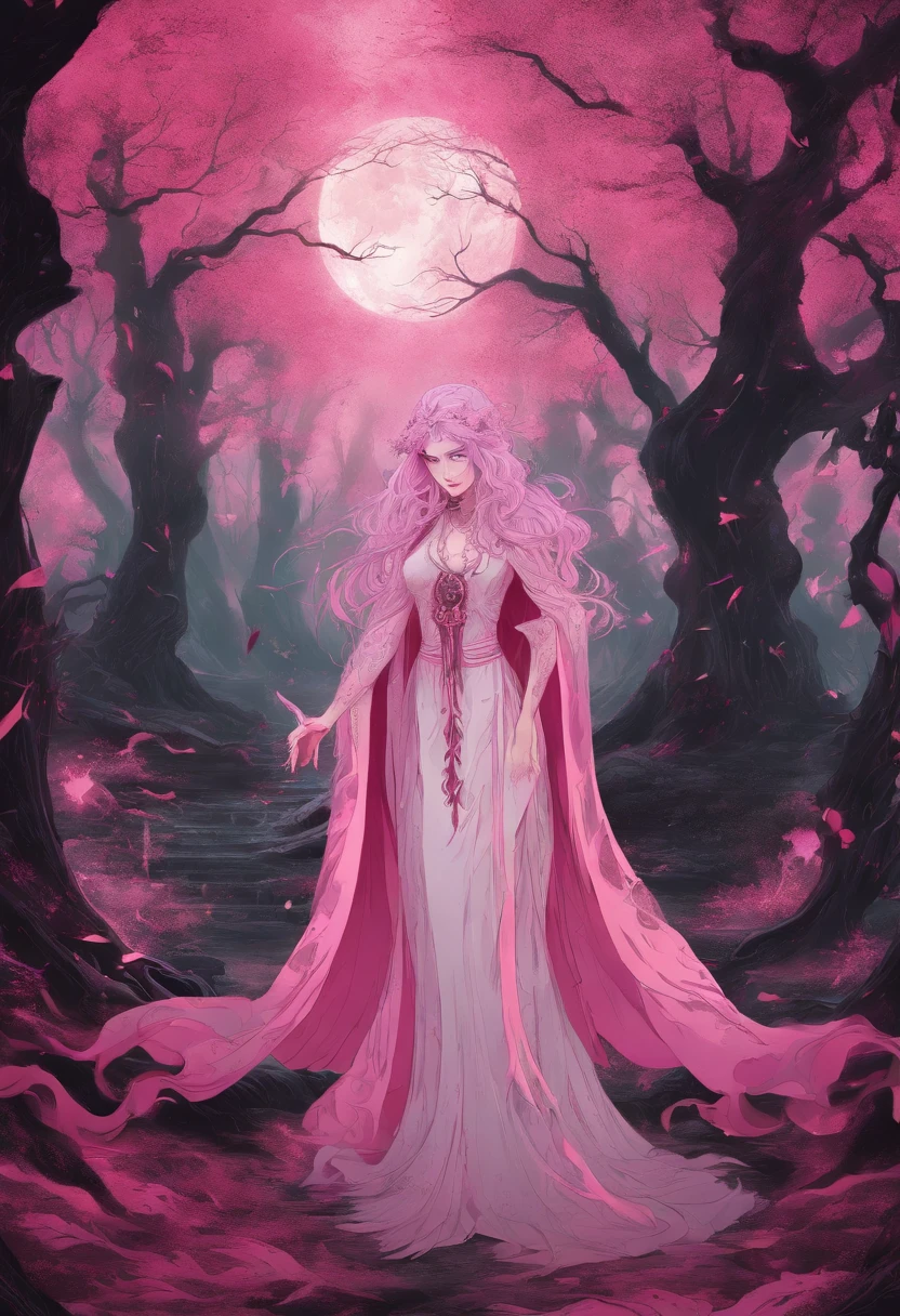 (a pink-haired demon woman,spells:1.1,glowing:1.1)(illustration)(best quality,ultra-detailed,realistic:1.37),demonic witch(demonic:1.1)(magic:1.1)(forest)(dark and mysterious,ominous atmosphere),casting powerful spells,creating magical energy(magic:1.1),vibrant pink hair(swirling pink hair)(flowing pink hair),horns(devil horns:1.1),piercing red eyes,enchanted scepter(magical scepter),elaborate dark robe,glowing magical sigils,fiery embers swirling(magical embers:1.1)(glowing embers),magical aura(glowing aura),eerie shadows,otherworldly presence(presence),sinister smile,nightfall in the background(dark night:1.1)(moonlit forest),lush and dense foliage(twisted trees)(mystical plants:1.1),mystical particles(swirling particles)(floating particles),ethereal glow(ethereal:1.1)(soft glow),faint moonlight breaking through the trees,haunting and captivating(scary atmosphere),bewitching beauty,wide range of colors(vivid colors)(contrasting colors),mystical realm,impressive details,dynamic composition,mesmerizing artwork,photorealistic style(picasso style),impressive shading and lighting,explosive energy,magical atmosphere(fantasy atmosphere),dreamlike scene