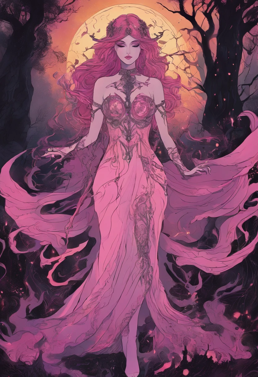 (a pink-haired demon woman,spells:1.1,glowing:1.1)(illustration)(best quality,ultra-detailed,realistic:1.37),demonic witch(demonic:1.1)(magic:1.1)(forest)(dark and mysterious,ominous atmosphere),casting powerful spells,creating magical energy(magic:1.1),vibrant pink hair(swirling pink hair)(flowing pink hair),horns(devil horns:1.1),piercing red eyes,enchanted scepter(magical scepter),elaborate dark robe,glowing magical sigils,fiery embers swirling(magical embers:1.1)(glowing embers),magical aura(glowing aura),eerie shadows,otherworldly presence(presence),sinister smile,nightfall in the background(dark night:1.1)(moonlit forest),lush and dense foliage(twisted trees)(mystical plants:1.1),mystical particles(swirling particles)(floating particles),ethereal glow(ethereal:1.1)(soft glow),faint moonlight breaking through the trees,haunting and captivating(scary atmosphere),bewitching beauty,wide range of colors(vivid colors)(contrasting colors),mystical realm,impressive details,dynamic composition,mesmerizing artwork,photorealistic style(picasso style),impressive shading and lighting,explosive energy,magical atmosphere(fantasy atmosphere),dreamlike scene