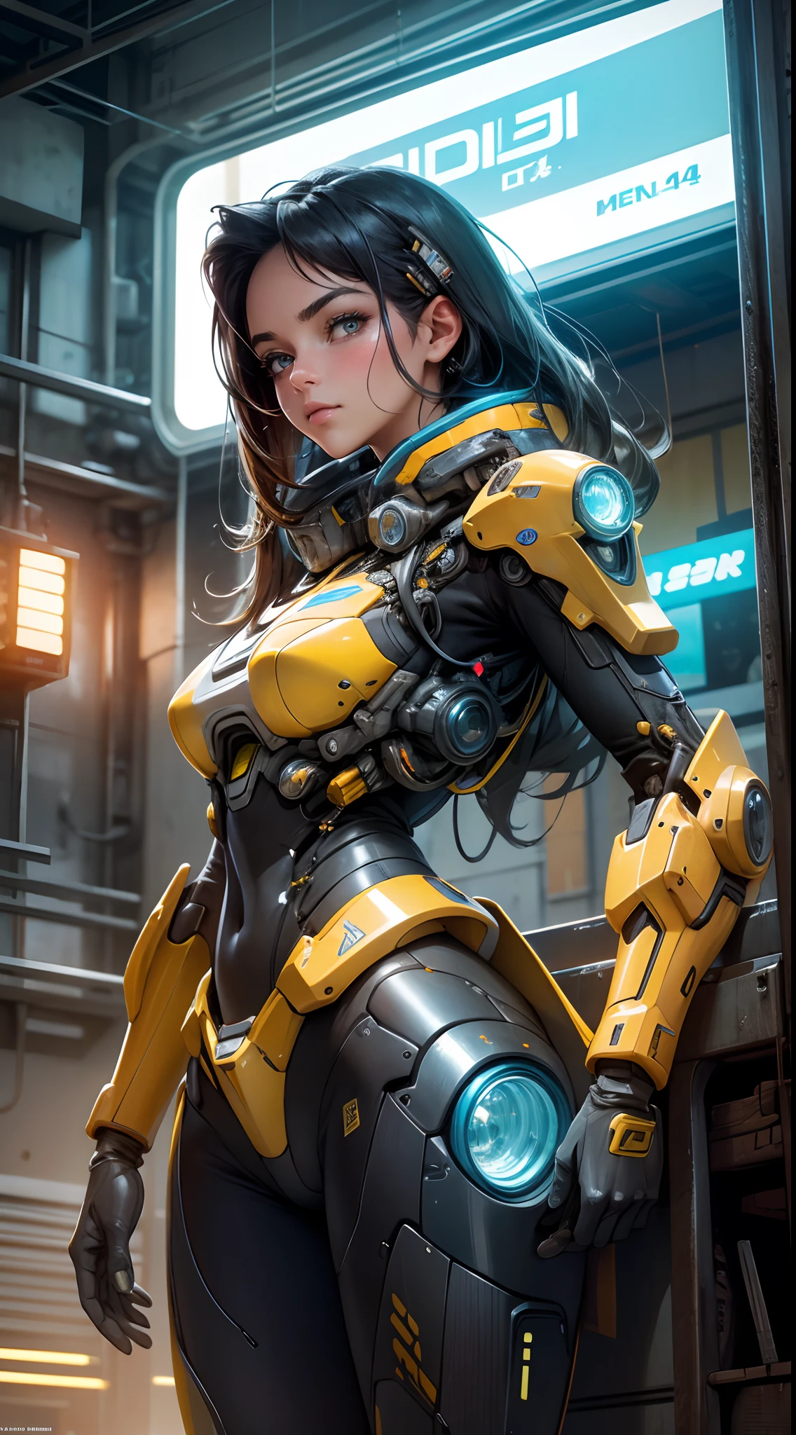 Hermosa mujer, best quality,masterpiece,realistic,sky,night,1man, yellow mecha_robot,relic scenes,cyberpunk,school of fish,(neon lights:0.7),rim lighting,transformers style,Cara detailed:1.4,fondo azul:1.4,motor irreal:1.4,UHD,La mejor calidad:1.4, fotorrealista:1.4, textura de la piel:1.4, obra maestra:1.8,detailed:1.4