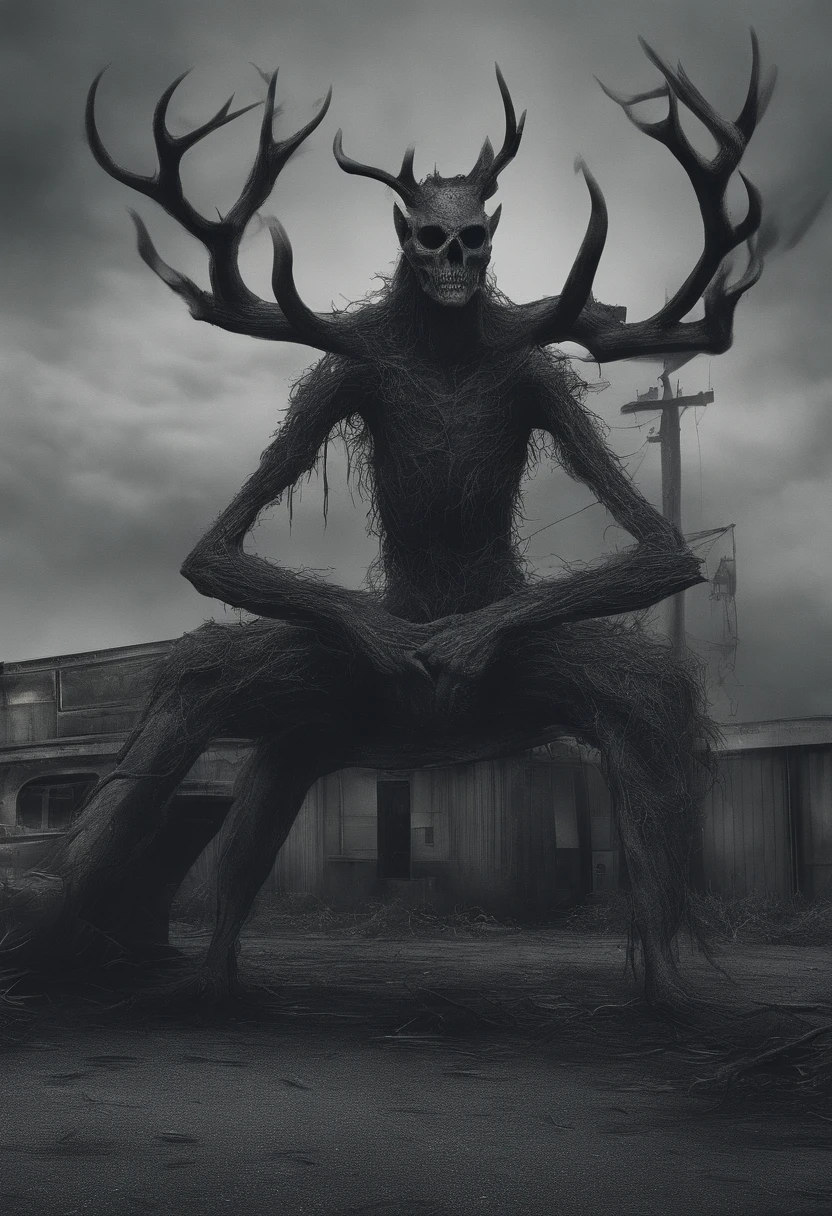 A monster with a deer-headed man on the highway,bucktooth,deer antlers,Inside the car,Roadside weeds grow,The human body is structurally accurate