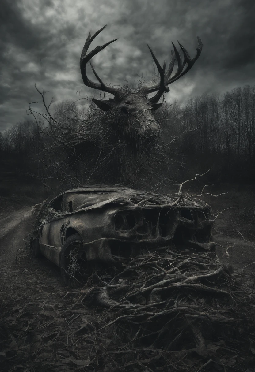 A monster with a deer-headed man on the highway，bucktooth，deer antlers，Inside the car，Roadside weeds grow，The human body is structurally accurate