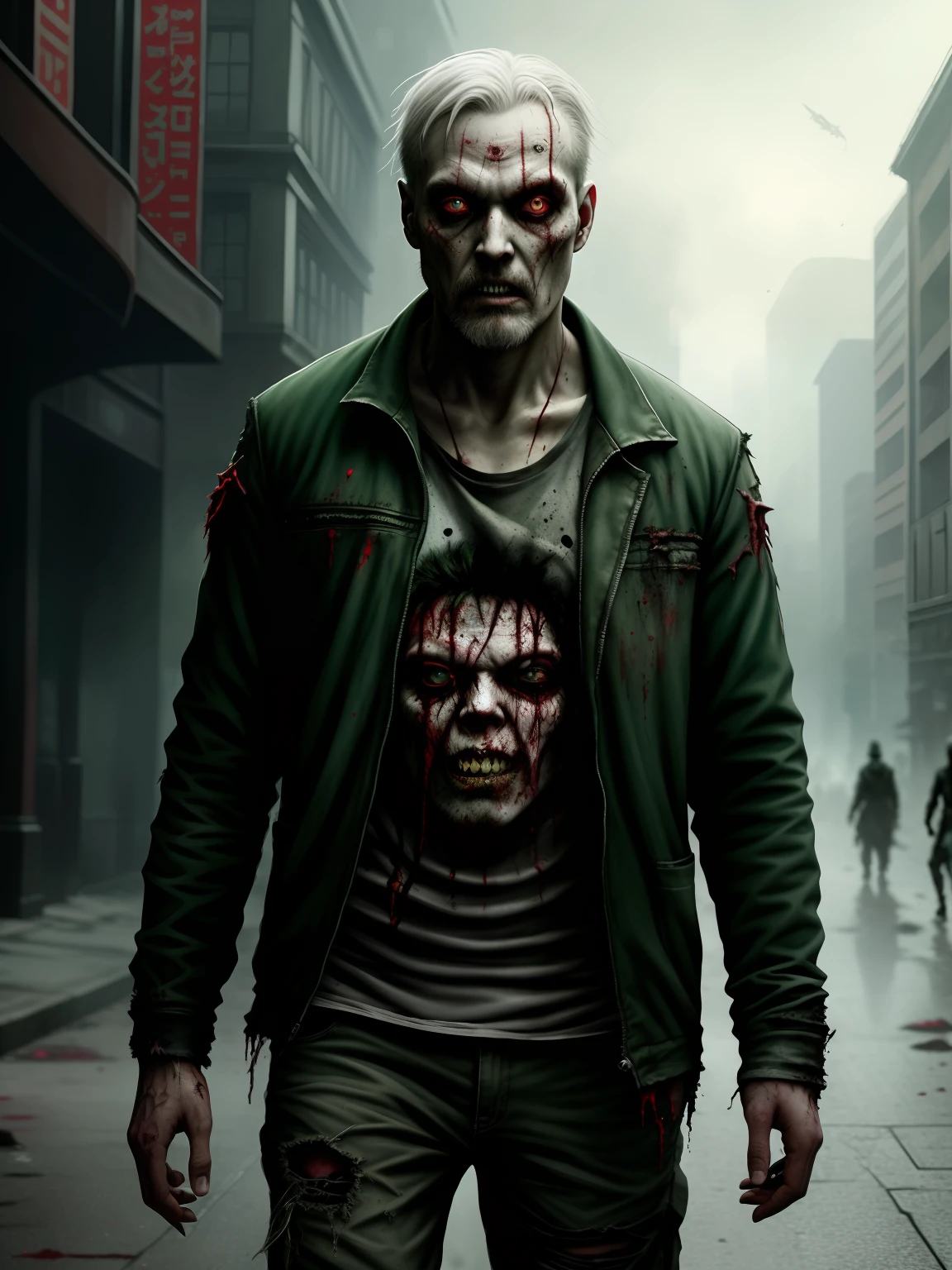 A zombie , Male , Green skin , Blood and wounds , Torn clothes and flesh , walking at street , Horror , The Art of George A. Romero and Kim Jong-ki concept art apocalyptic background horror charm ultra-detailed painting 8k post-production high resolution hyper-detail trend in ArtStation hard focus studio photo intricate detail highly detailed by Jordan Grimmer