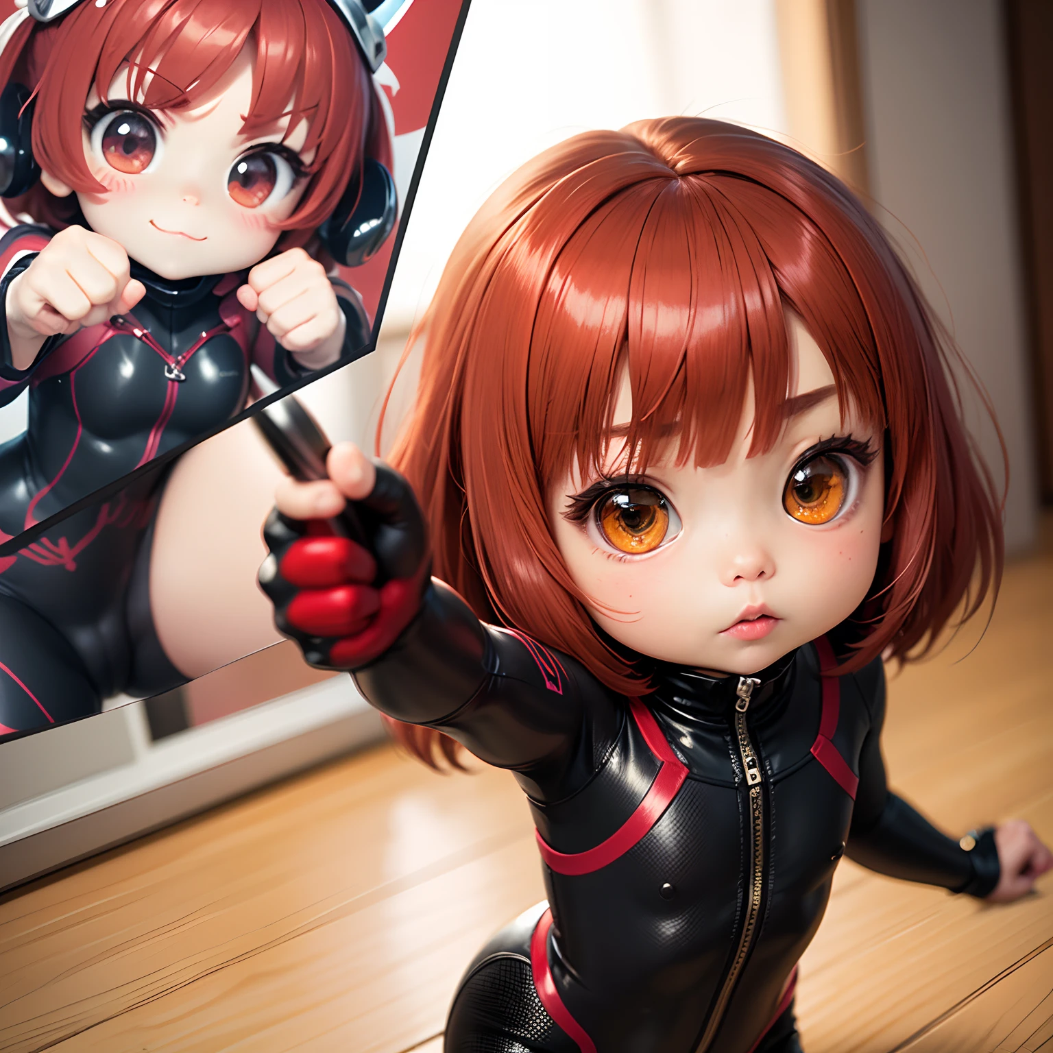masterpiece、top-quality、ultra-detailliert、(Chibi Chara 1)、Cutie Honey in Anime、Kisaragi honey、Fighting-pose、Red shorthair、Red and black wetsuit