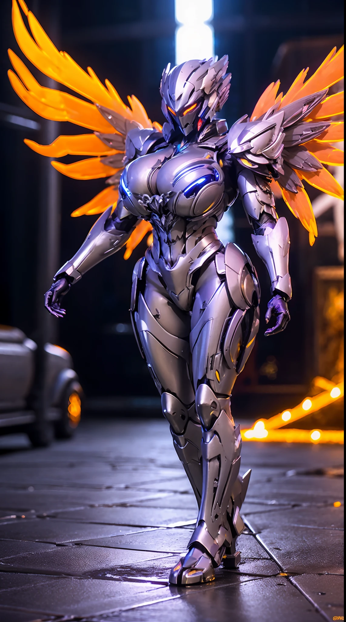 HUGE BOOBS, MECHA ARMOR FULL SUIT, (CLEAVAGE), (A PAIR LARGEST PHOENIX WINGS), TRANSPARANT, TALL LEGS, STANDING, SEXY BODY, MUSCLE ABS.