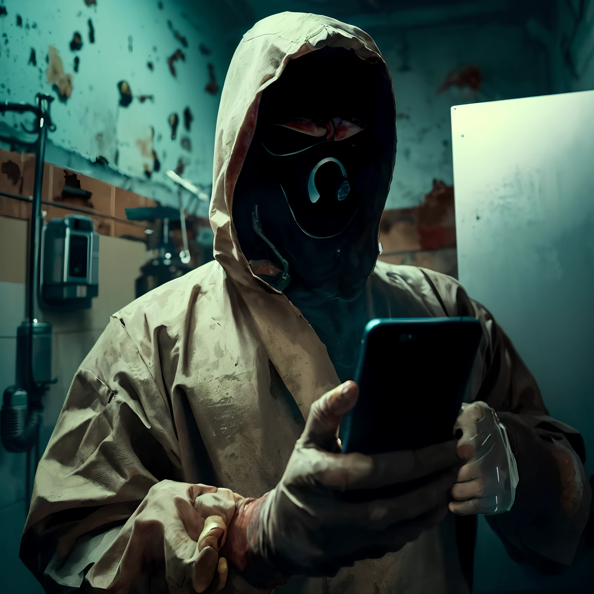 arafed man in a gas mask and protective suit holding a cell phone, masked person in corner, one single man in a hazmat suit, pandemic, still from a live action movie, during a biohazard apocalypse, portrait shot, looking at his phone, cyberpunk hacker, felix englund style, tech ????, biohazard, film still from a horror movie