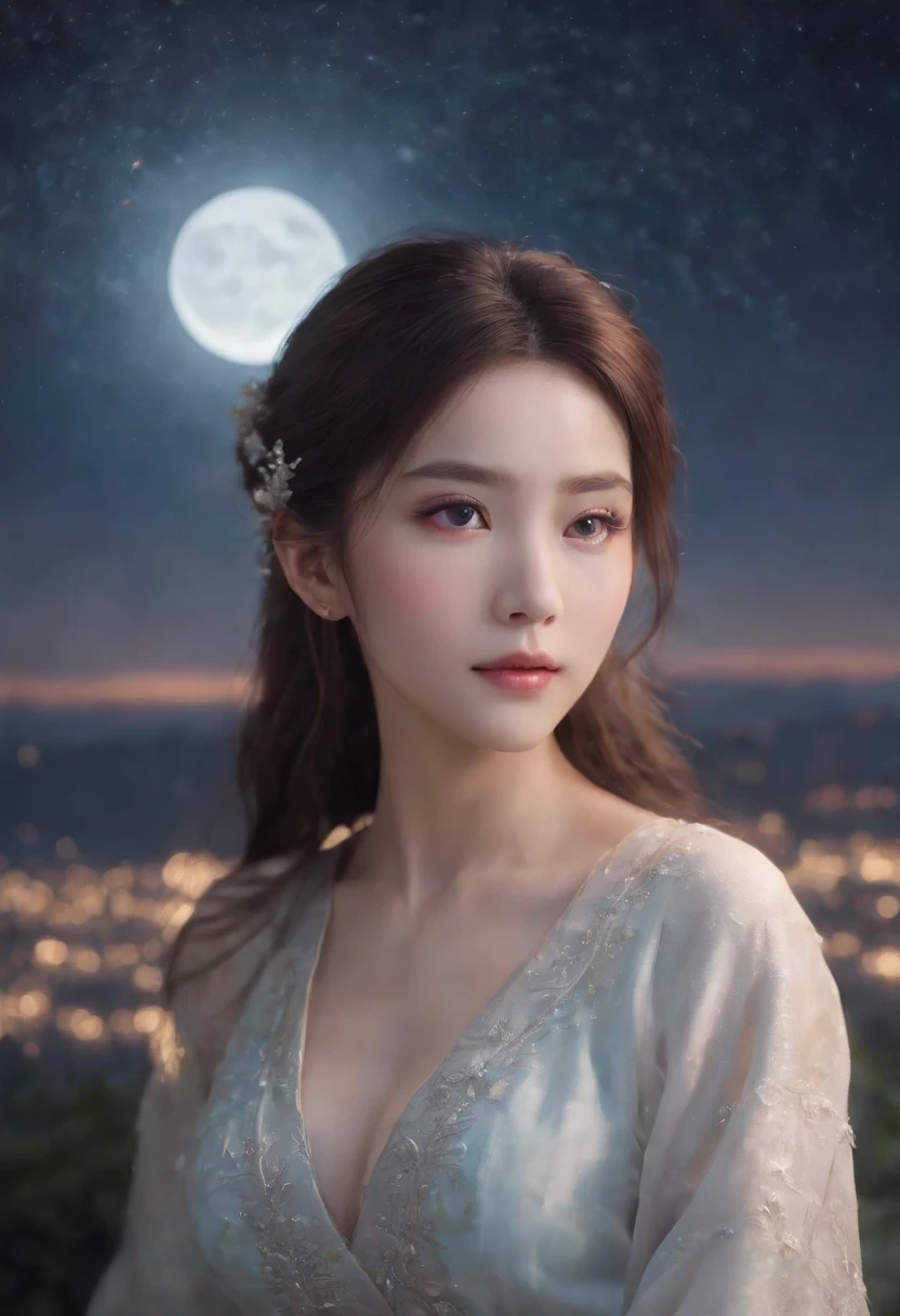 A highly concentrated beauty wearing a Jiang Tian Xingyue painting, concept art inspired by Tosa Mitsuoki, Pixiv competition winner, Best quality, Fantasy art, beautiful anime scenes, A bright moon, Starry sky environment in moonlight, Dream painting, Anime background art, dream scenery art, Fantastic night, anime backgrounds, background artwork, dreamlike art, Atmospheric anime, Starry sky, Detail enhancement.