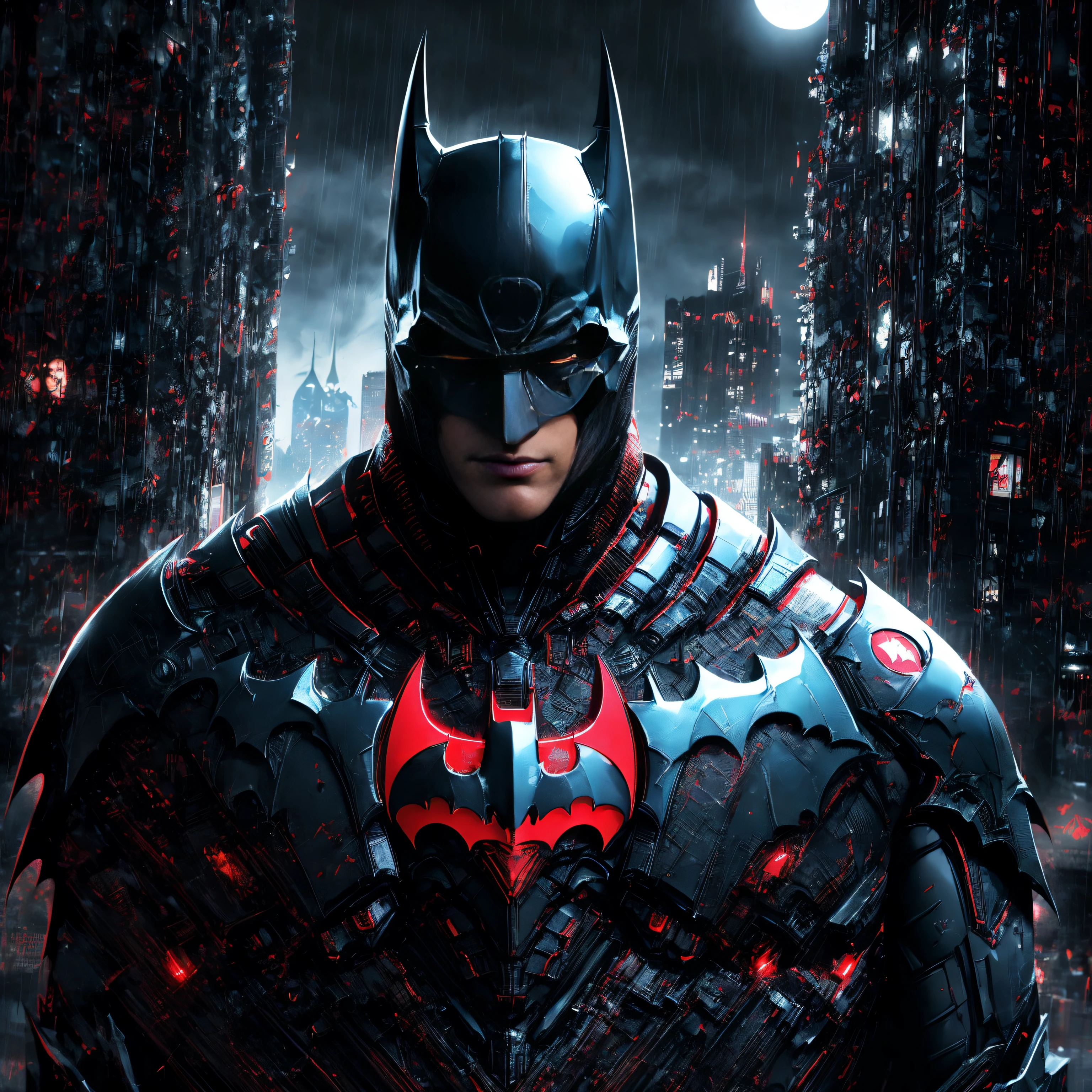 batman arkham knight in a red and black suit, batman beyond, batman mecha, in batman : arkham knight, cyberpunk batman, black and red armor, black octane render, black and red reflected armor, 3d digital art 4k, unreal engine 4k wallpaper, wallpaper 4k, wallpaper 4 k, 4k detailed digital art, dwayne johnson as batman