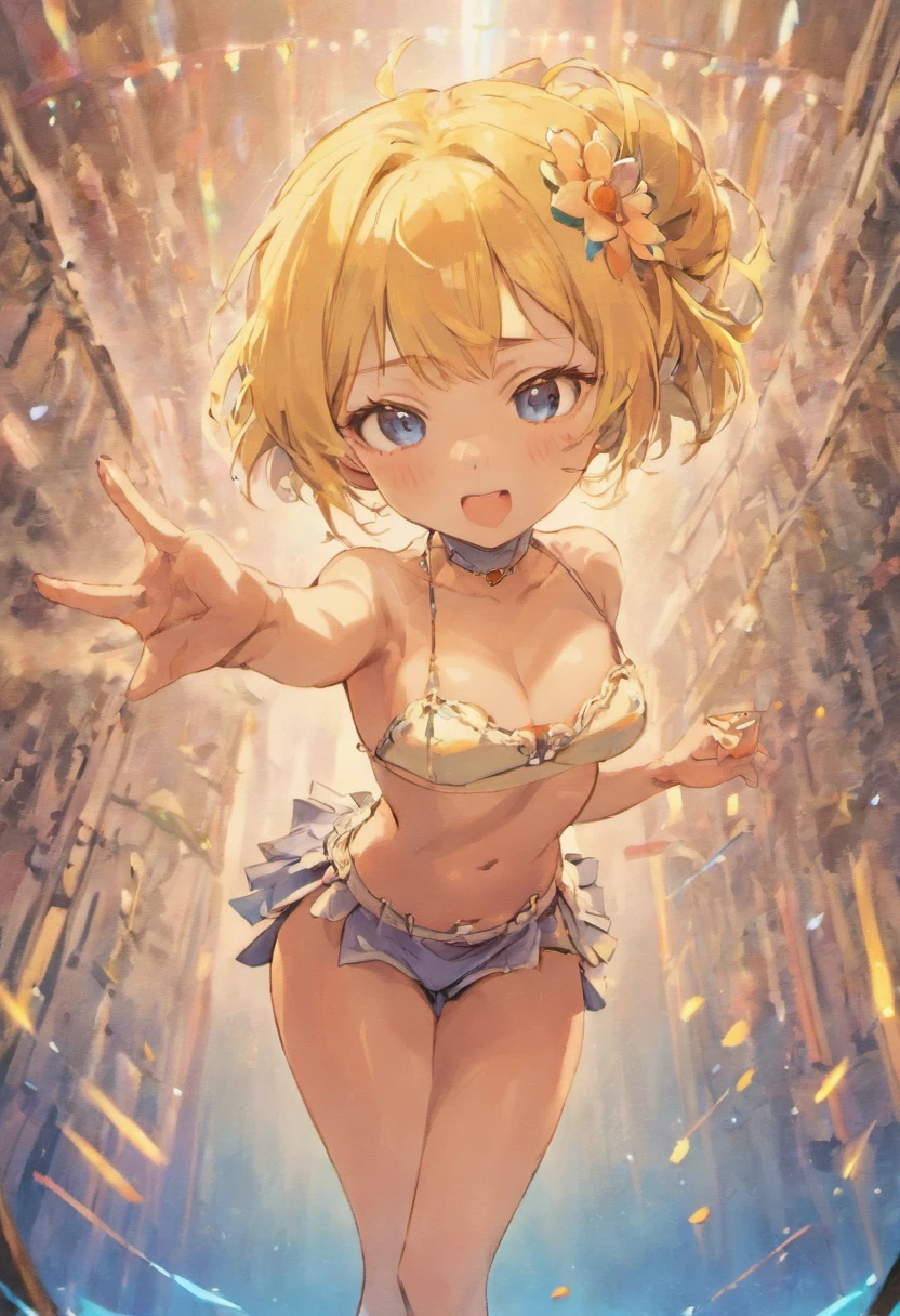 ((topless)), nsfw, masterpiece, 1 girl, erect nipples, nipples, navel, necklace, scottish kilt, smiling, hair ornament, bare breasts, bare stomach, sweaty, cowboy shot, small breasts, puffy nipples, hair ribbon, texts, bare arms, collarbones, blonde, flower crown, smiling, petite, flat chest, blue eyes, scottish skirt, small breasts, child, apple basket, farm, alpine, temperate, , slim waist, snowy mountain, detailed eyes, beautiful eyes