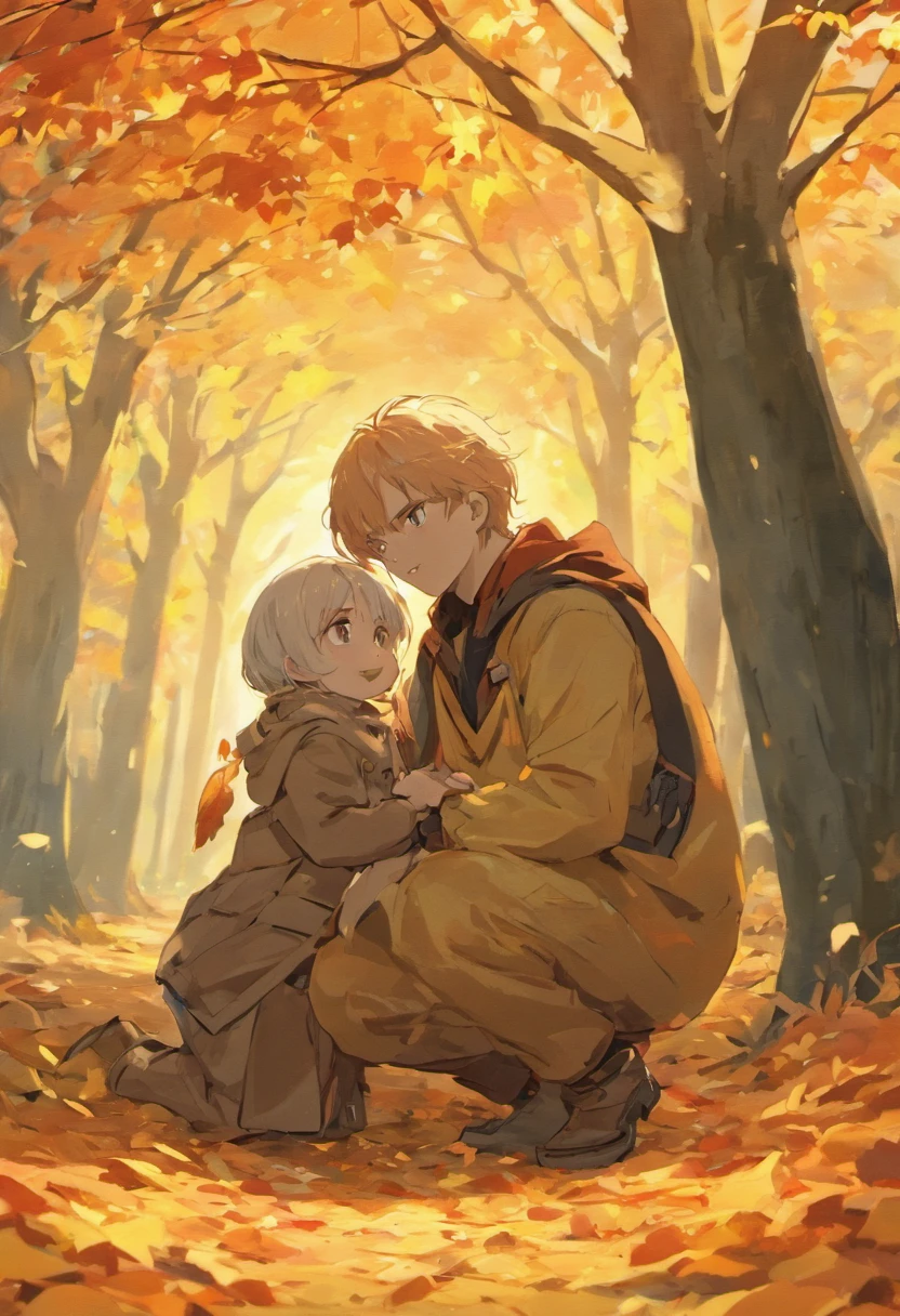 Under the tree,The old man pulls the child,autumnal,