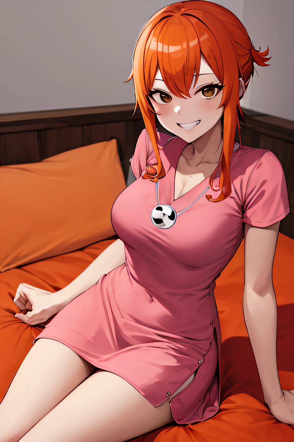 Hi-Res、Nami (onepiece)、masuter piece、top-quality、hight resolution、Adult woman 、独奏、alone、grinning evily、evil smile、Evil plan、Orange hair、Pink nurse clothes、shorth hair、Brown-eyed、a miniskirt、darkened room、a bed