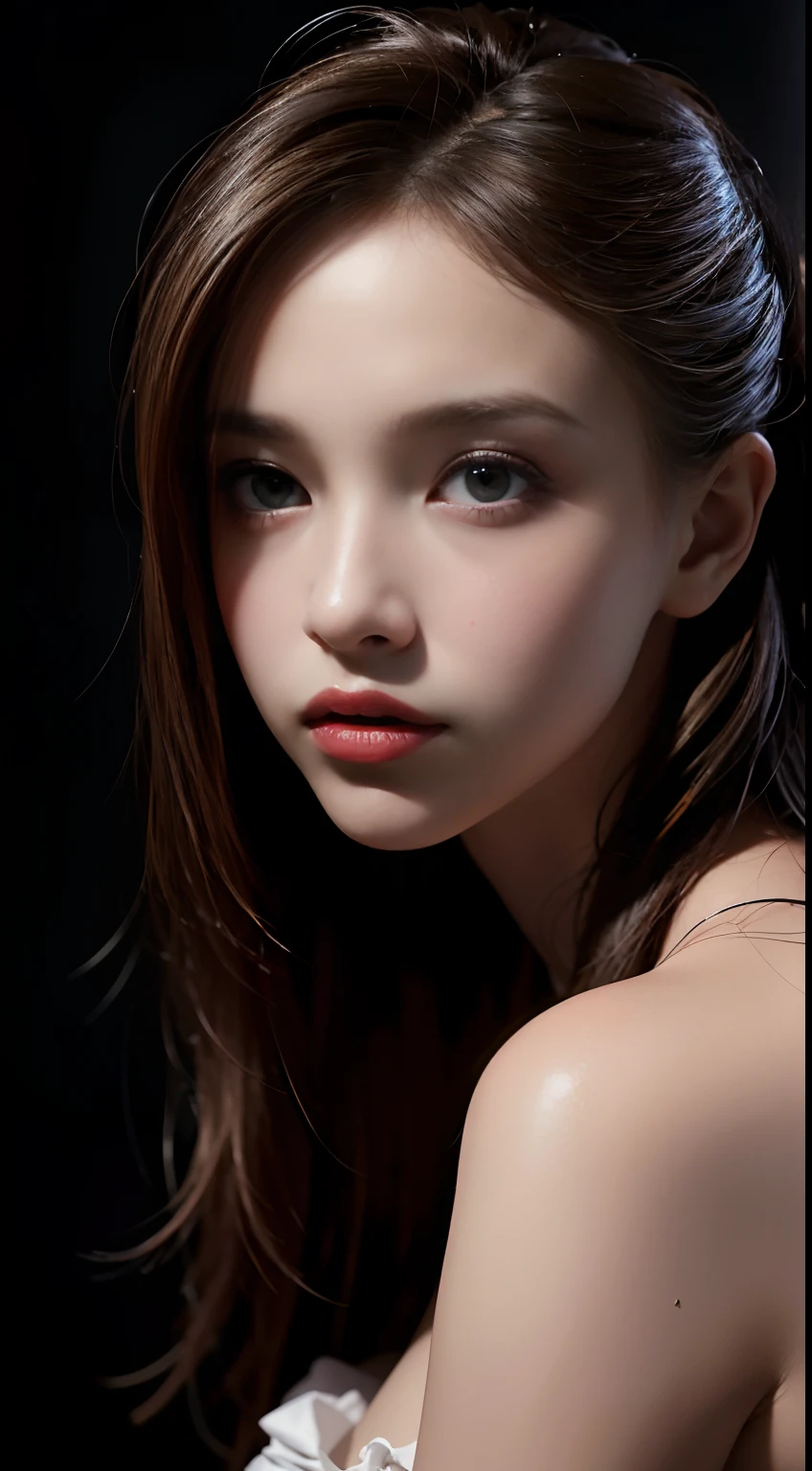 Best quality, masterpiece, ultra high res, (photorealistic:1.4), raw photo, 1girl, offshoulder, in the dark, deep shadow, low key, cold light