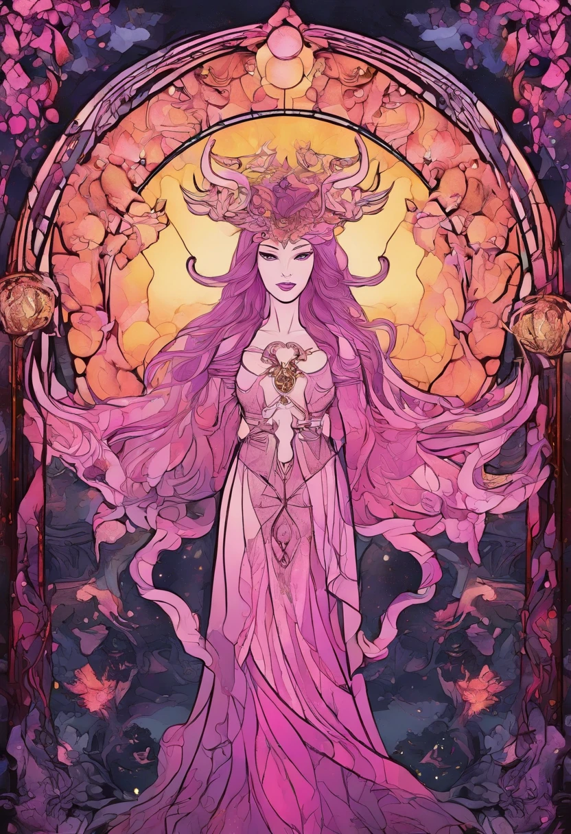 (a pink-haired demon woman,spells:1.1,glowing:1.1)(illustration)(best quality,ultra-detailed,realistic:1.37),demonic witch(demonic:1.1)(magic:1.1)(forest)(dark and mysterious,ominous atmosphere),casting powerful spells,creating magical energy(magic:1.1),vibrant pink hair(swirling pink hair)(flowing pink hair),horns(devil horns:1.1),piercing red eyes,enchanted scepter(magical scepter),elaborate dark robe,glowing magical sigils,fiery embers swirling(magical embers:1.1)(glowing embers),magical aura(glowing aura),eerie shadows,otherworldly presence(presence),sinister smile,nightfall in the background(dark night:1.1)(moonlit forest),lush and dense foliage(twisted trees)(mystical plants:1.1),mystical particles(swirling particles)(floating particles),ethereal glow(ethereal:1.1)(soft glow),faint moonlight breaking through the trees,haunting and captivating(scary atmosphere),bewitching beauty,wide range of colors(vivid colors)(contrasting colors),mystical realm,impressive details,dynamic composition,mesmerizing artwork,photorealistic style(picasso style),impressive shading and lighting,explosive energy,magical atmosphere(fantasy atmosphere),dreamlike scene