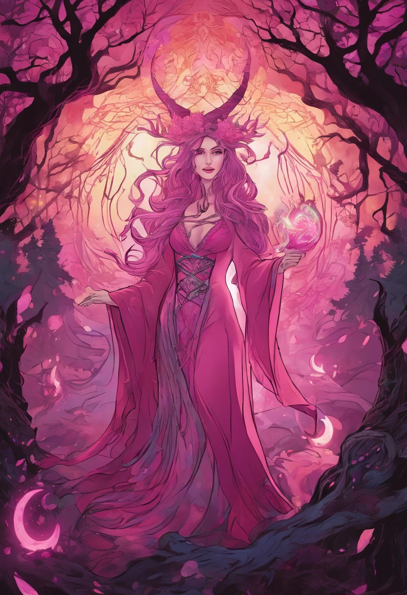 (a pink-haired demon woman,spells:1.1,glowing:1.1)(illustration)(best quality,ultra-detailed,realistic:1.37),demonic witch(demonic:1.1)(magic:1.1)(forest)(dark and mysterious,ominous atmosphere),casting powerful spells,creating magical energy(magic:1.1),vibrant pink hair(swirling pink hair)(flowing pink hair),horns(devil horns:1.1),piercing red eyes,enchanted scepter(magical scepter),elaborate dark robe,glowing magical sigils,fiery embers swirling(magical embers:1.1)(glowing embers),magical aura(glowing aura),eerie shadows,otherworldly presence(presence),sinister smile,nightfall in the background(dark night:1.1)(moonlit forest),lush and dense foliage(twisted trees)(mystical plants:1.1),mystical particles(swirling particles)(floating particles),ethereal glow(ethereal:1.1)(soft glow),faint moonlight breaking through the trees,haunting and captivating(scary atmosphere),bewitching beauty,wide range of colors(vivid colors)(contrasting colors),mystical realm,impressive details,dynamic composition,mesmerizing artwork,photorealistic style(picasso style),impressive shading and lighting,explosive energy,magical atmosphere(fantasy atmosphere),dreamlike scene