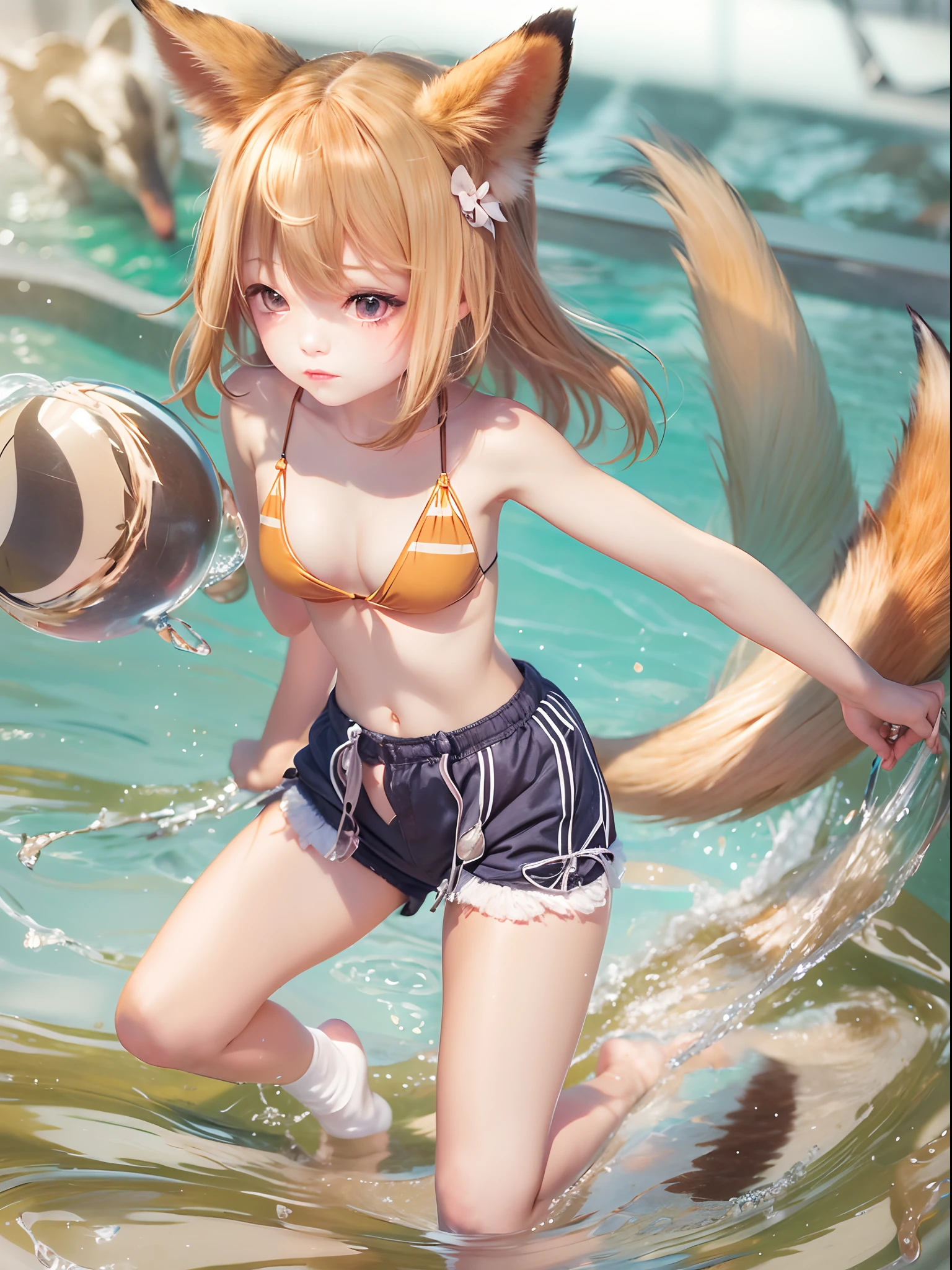 Masterpiece,A high resolution, Shorts, 1 adolescent girl, Ball, Tail,Animal_hor ears, swimsuit, short_Shorts, streaked, Bikini, Fox_hor ears,Moderately bare breasts， Solo, Fox_Tail, streaked_Bikini