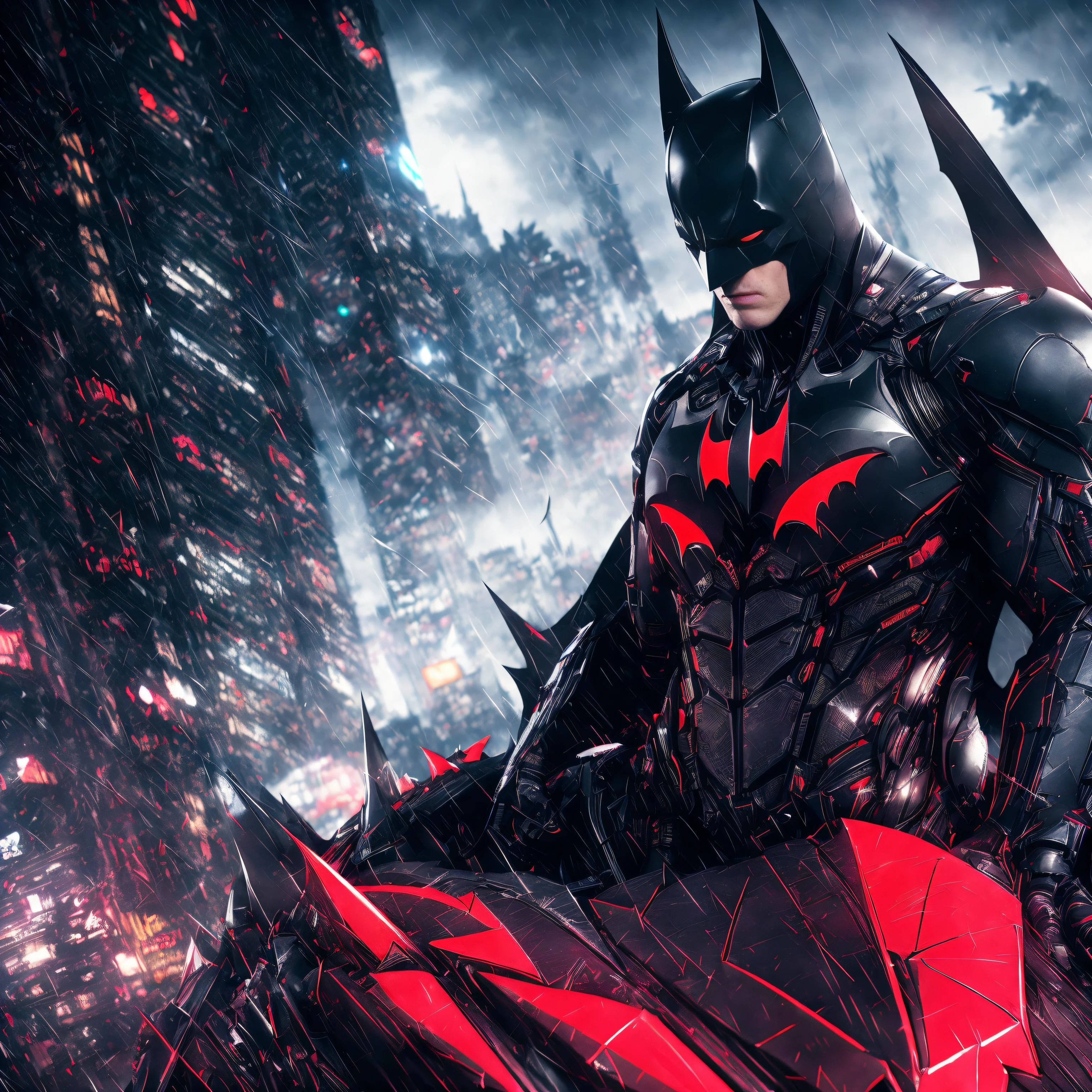 batman arkham knight in a red and black suit, batman beyond, batman mecha, in batman : arkham knight, cyberpunk batman, black and red armor, black octane render, black and red reflected armor, 3d digital art 4k, unreal engine 4k wallpaper, wallpaper 4k, wallpaper 4 k, 4k detailed digital art, dwayne johnson as batman