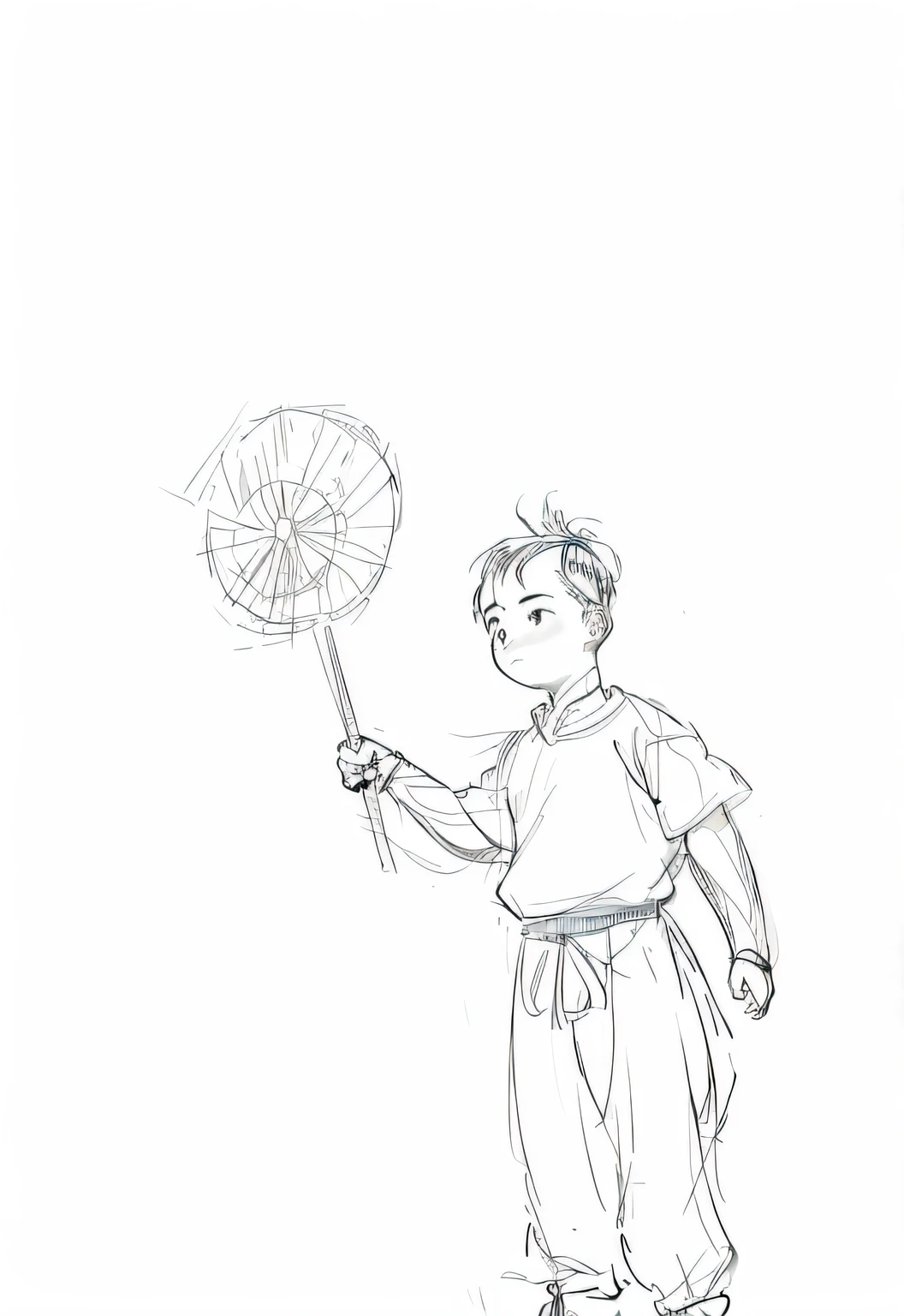 Painting of a boy holding a windmill and a stick, inspired by Fan Qi, concept sketches, old sketch, inspired by Fan Kuan, unrealistic character concept, [ conceptual art ]!!, torchan. Sketch, concept art of single boy, concept art sketch, Inspired by Gong Li, Simple lines of art, inspired by Hal Foster, official fan art, Line sketch