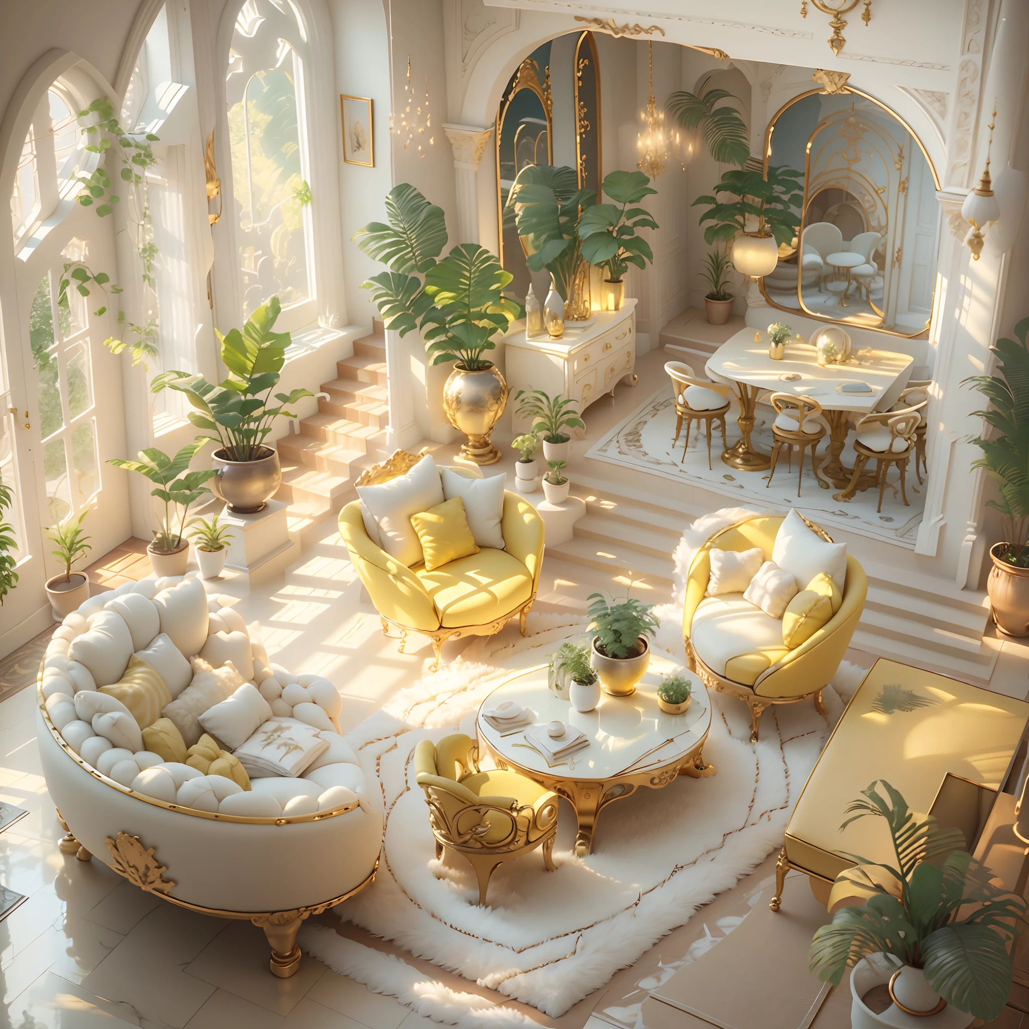Meticulous house, Cute 3d render, Attractive lights and shadows, White and yellow cushions, architecture, tables and chairs, Indoors, Building, Living room, Room, rug, a plant, Home décor, sofe, chair, Interior design