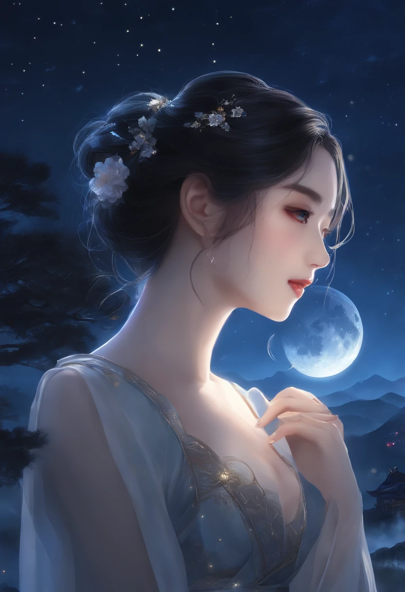 Highly concentrated beauty,Wearing Jiang Tian, Xingyue paintings, concept art inspired by Tosa Mitsuoki, Pixiv competition winner, Best quality, Fantasy art, beautiful anime scenes, A bright moon, Starry sky environment in moonlight, Dream painting, Anime background art, dream scenery art, Fantastic night, anime backgrounds, background artwork, dreamlike art, Atmospheric anime, Starry sky, Detail enhancement.