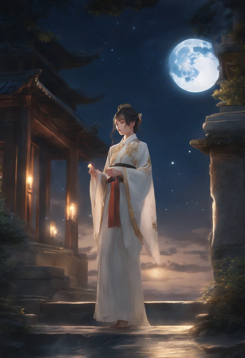 Highly concentrated beauty,Wearing Jiang Tian, Xingyue paintings, concept art inspired by Tosa Mitsuoki, Pixiv competition winner, Best quality, Fantasy art, beautiful anime scenes, A bright moon, Starry sky environment in moonlight, Dream painting, Anime background art, dream scenery art, Fantastic night, anime backgrounds, background artwork, dreamlike art, Atmospheric anime, Starry sky, Detail enhancement.