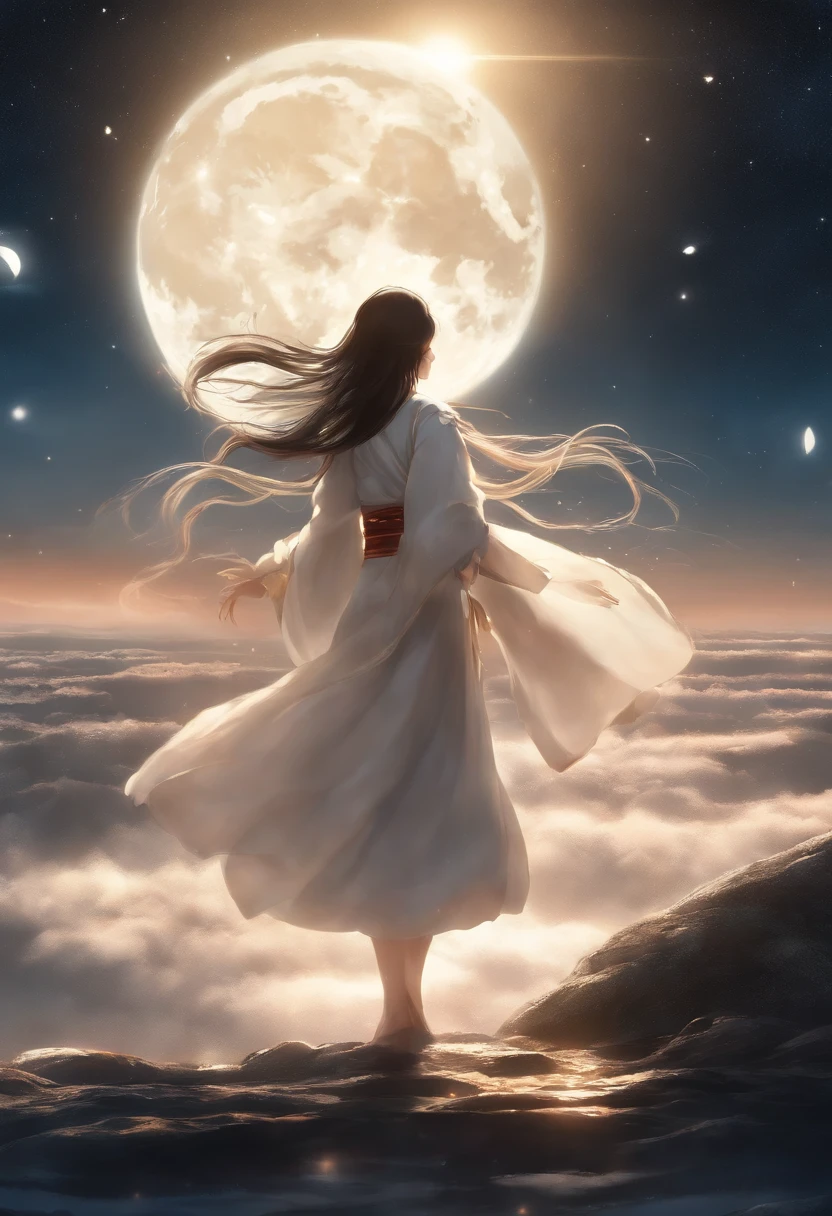 Highly concentrated beauty,Wearing Jiang Tian, Xingyue paintings, concept art inspired by Tosa Mitsuoki, Pixiv competition winner, Best quality, Fantasy art, beautiful anime scenes, A bright moon, Starry sky environment in moonlight, Dream painting, Anime background art, dream scenery art, Fantastic night, anime backgrounds, background artwork, dreamlike art, Atmospheric anime, Starry sky, Detail enhancement.