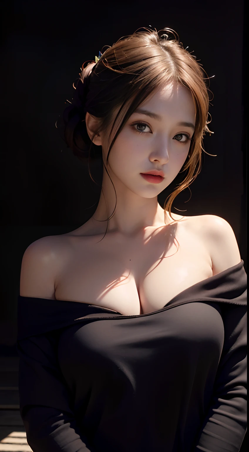 ultra high res, masterpiece, best quality, perfect glossy shiny skins, perfect lighting, detailed lighting, dramatic shadows, ray tracing, black sweater, off shoulder, Big breasts, Exposed cleavage, nsfw, ((Dark background)), Sexy face, Facial expressions when receiving pleasure,