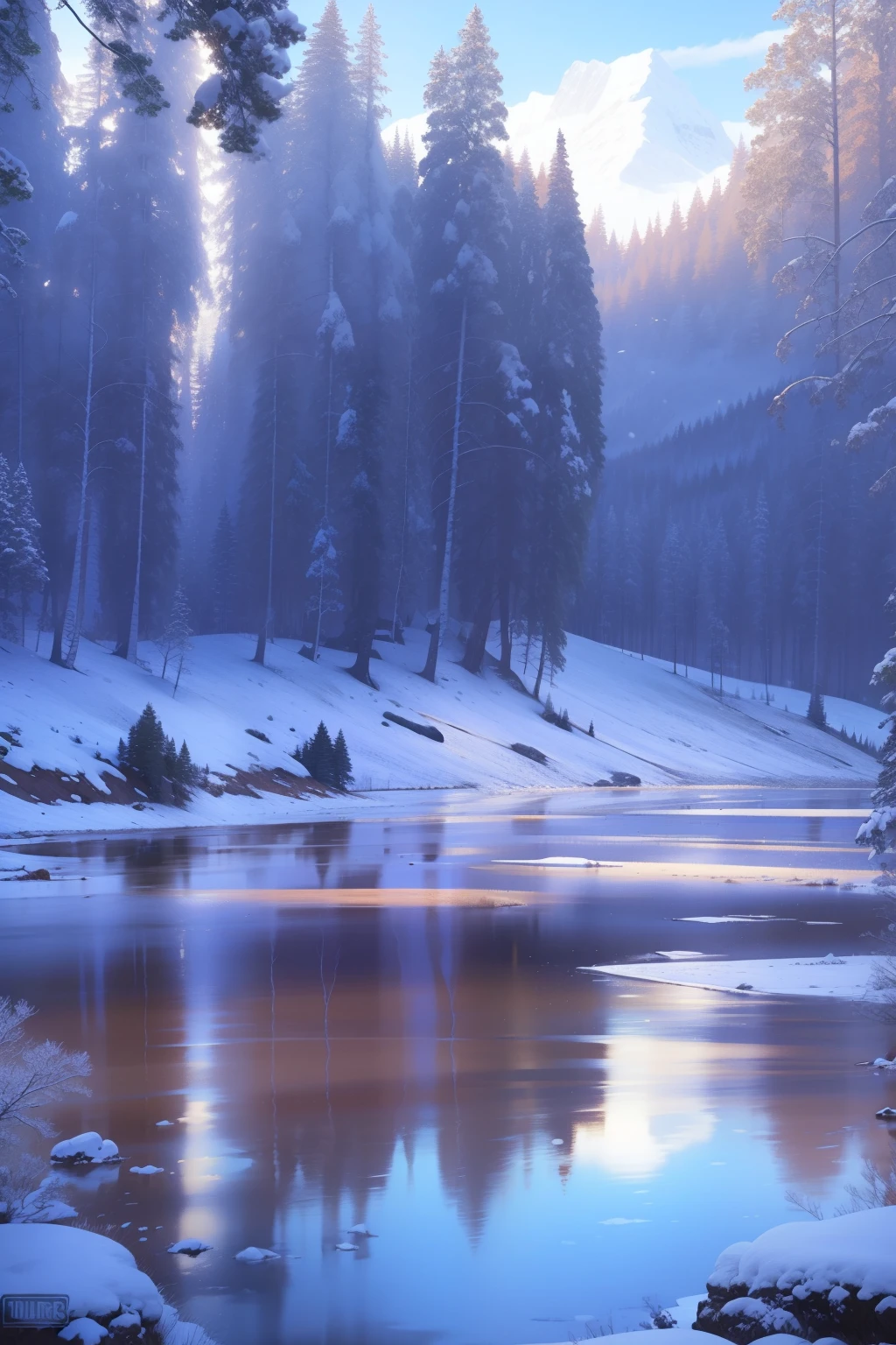 Winters，white colors, High hills, lake water,the trees, first person perspective, ccurate, A high resolution