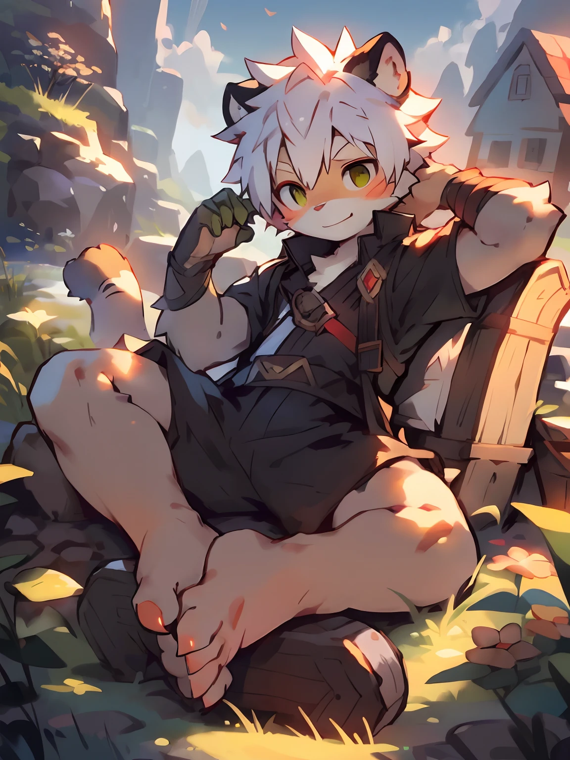 A little boy in a beautiful and enchanting landscape，Lying in a wheat field, trending on artstation pixiv, Guviz-style artwork, Very handsome， Guviz, Guweiz on ArtStation Pixiv, young male anthro dragon，Red scales，White hair，long distance photo，male people，toddlers，((Libido boy))，((author：Puinki,By Artists:1.2),(author：Unreal Land,author：Sumi Kuroi,author：Milk Tiger 1145,author：Morkey,(author：Xia Huaiting:0.8),(by Pino Daeni:0.8)