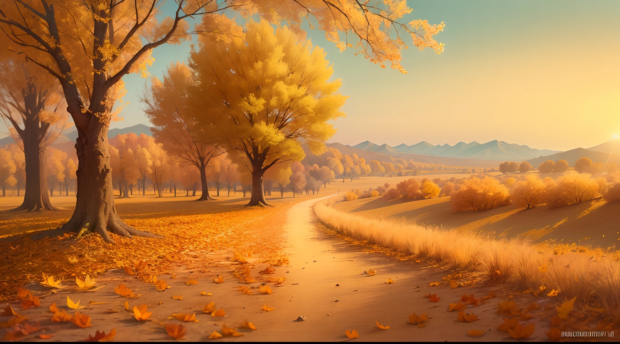Autumn, Poplar Forest, Golden leaves, Barren desert, Vast landscape, warm sunlight, Gentle breeze, Peaceful atmosphere, nature's beauty, Peaceful silence, Tranquility, Picturesque scenery, Harmony, Vibrant colors, Falling leaves, Rustle. (Best quality,Ultra-detailed,Realistic),Colorful Palette,Soft warm lighting.