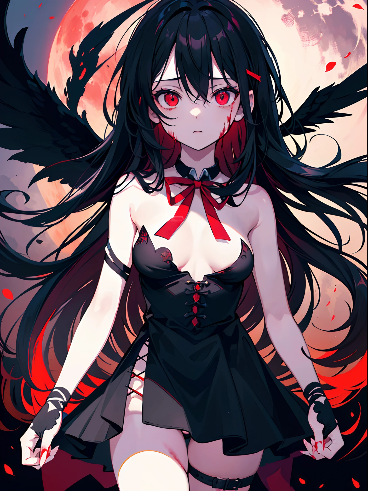 1 loli girl , flying, (character focus), front ,cowboy shot  ,(bare breasts) ,((bloody hands)), (rape face), black long hair, ribbon, red eyes, glowing eyes, black dress, black big wing ,(background red moon), night, (backlight), ((masterpiece)), ((best quality)), ((ultra-detailed)), (illustration), ((an extremely delicate and beautiful))