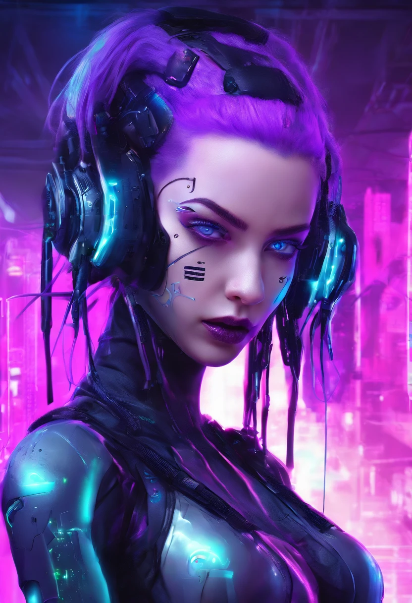 naked robot girl, very pale skin with seamlines, big breasted, purple hair in a pony tail, blue eyes with black sclera, purple nail polish, purple lipstick, black eye shadow, neon lights in background