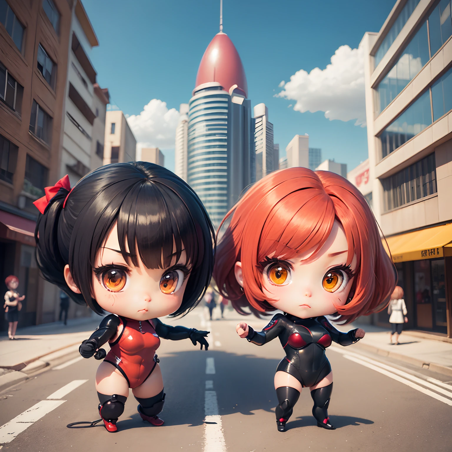 masutepiece、top-quality、ultra-detailliert、(Chibi Chara 1)、Cutie Honey in Anime、Kisaragi honey、fighting poses、Red shorthair、Red and black wetsuit、Urban city