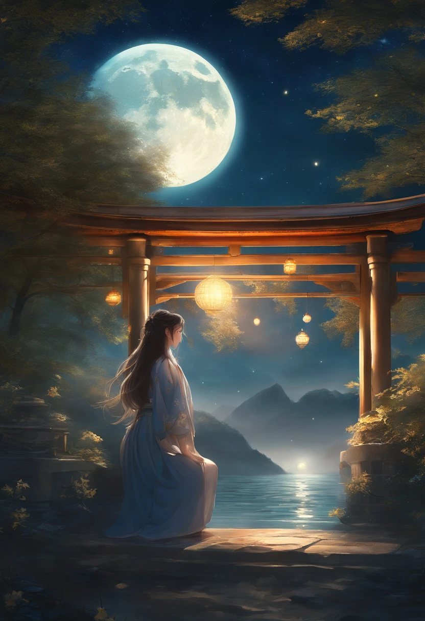 Highly concentrated beauty,Wearing Jiang Tian, Xingyue paintings, concept art inspired by Tosa Mitsuoki, Pixiv competition winner, Best quality, Fantasy art, beautiful anime scenes, A bright moon, Starry sky environment in moonlight, Dream painting, Anime background art, dream scenery art, Fantastic night, anime backgrounds, background artwork, dreamlike art, Atmospheric anime, Starry sky, Detail enhancement.