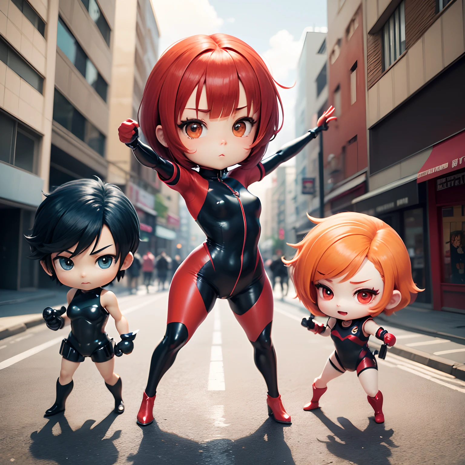 masutepiece、top-quality、ultra-detailliert、(Chibi Chara 1)、Cutie Honey in Anime、Kisaragi honey、fighting poses、Red shorthair、Red and black wetsuit、Urban city