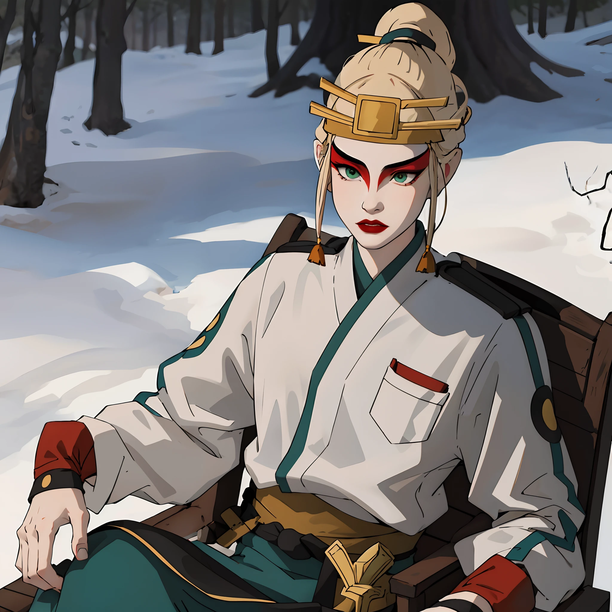 (masterpiece:1.2, best quality), (real picture, intricate details), 1lady, solo, whole body, heavy makeup, white face, red lipstick, red eyeshadow, natural fabrics, close-up body, full body, serious, warrior, female warrior, armour, long platinum blonde hair, green eyes, Kyoshi uniform, Kyoshi makeup, Kyoshi Warrior (Avatar the Last Airbender), (solo), (1girl), (close-up body), (solo, 1girl), (long platinum blonde hair), (green eyes), (solo), (1girl)